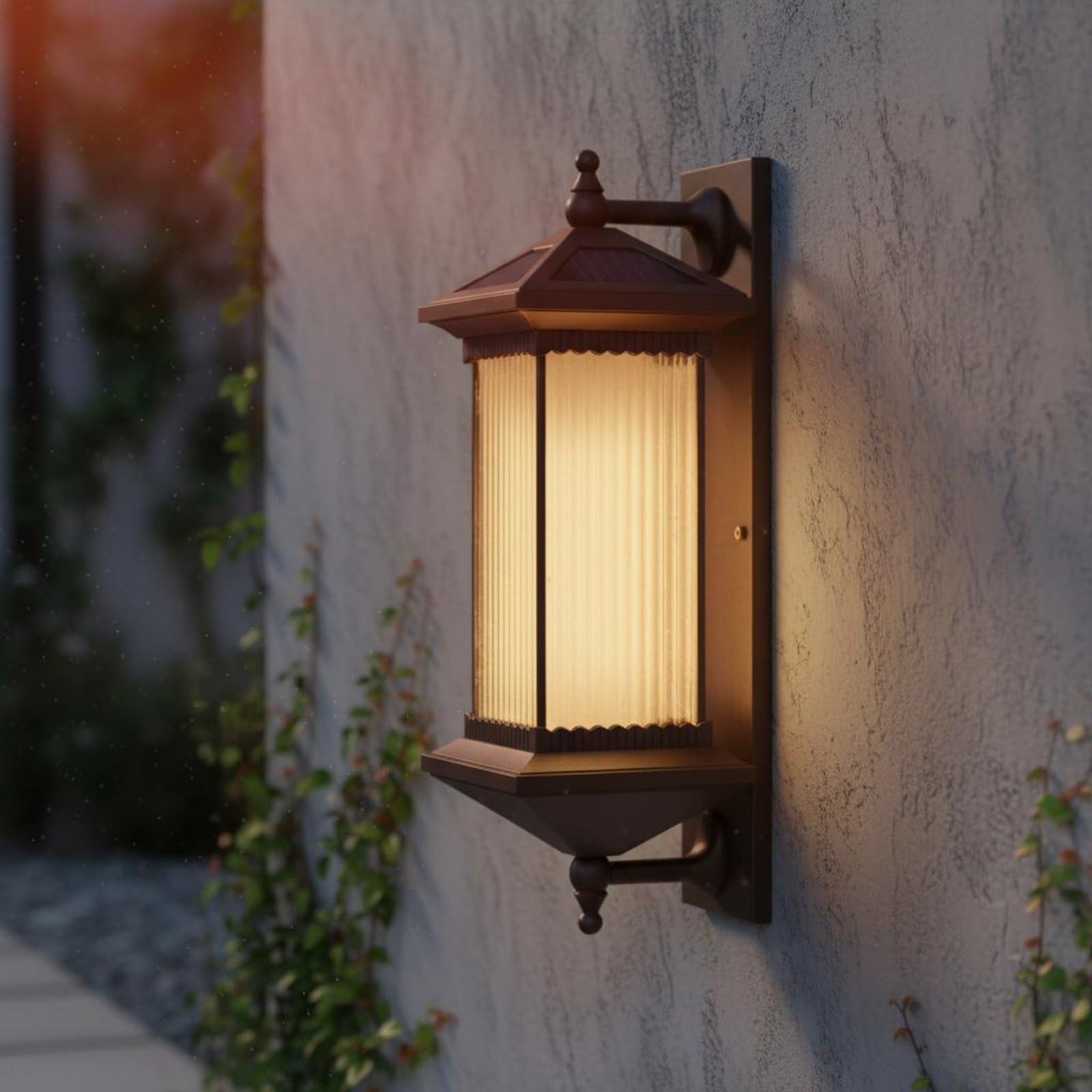 Outdoor Wandleuchte Solar Laterne Wandlampe Außenwandleuchte Solarleuchte mit Warmem Und Neutralem Licht aus Aluminium Und Glas IP55 für Haustür, Kabelgebunden, 78CM Höhe, Rillen-Glas