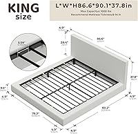 Vista 2 de RECCI Cloud - Base de cama King tapizada con cabecero, plataforma acolchada de espuma de 5 pulgadas, sin somier, fácil montaje (blanco nieve)
