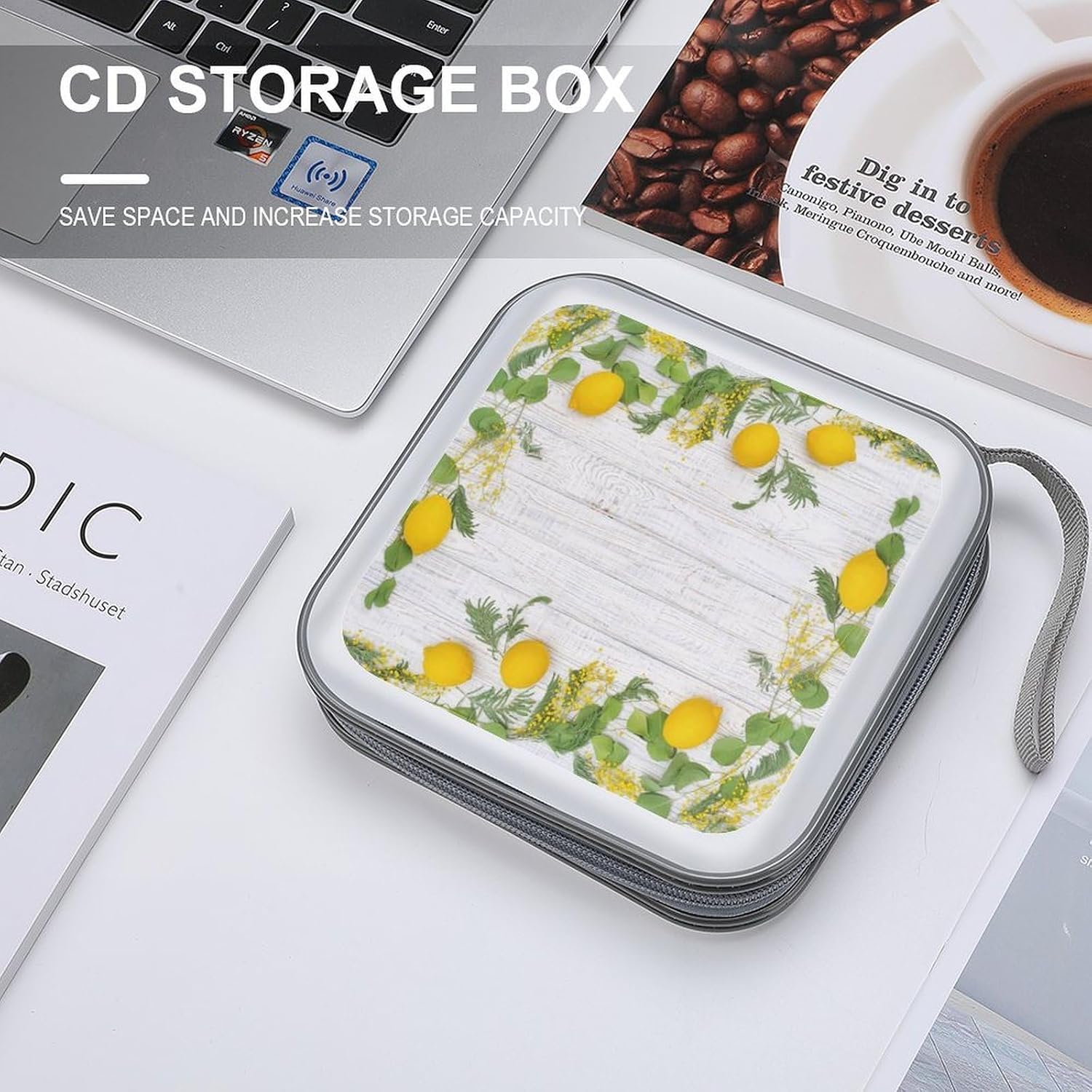 Fruit Leaves of Lemon Branch Frame CD Case Holder 40 Capacity DVD Case Wallet Portable Hard Plastic Disc Cases Storage Binder Large Storage Disc Wallet Bag with Zippers for Car Home Office Travel