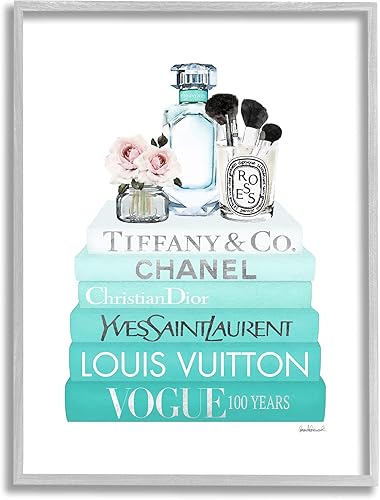 Stupell Industries Glam Fashion Cosmetics - Librero azul con rosas suaves, diseño de Amanda Greenwood, arte de pared enmarcado gris, 24 x 30 pulgadas