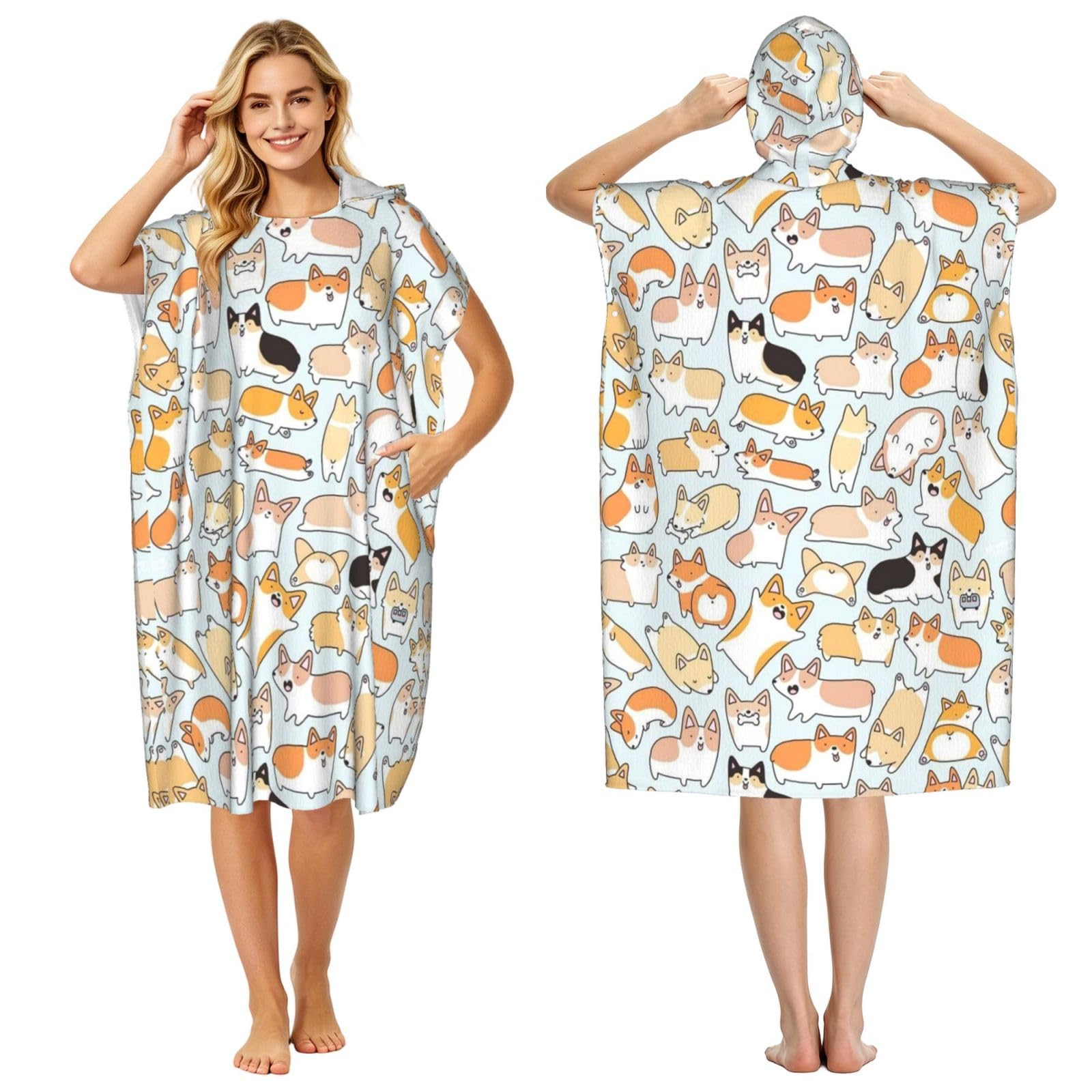 Poadnly Corgi Pattern, Adult Hooded Beach Towel 90 x 110 cm,Changing Bath Robe, Surf Poncho Towel For Women Men