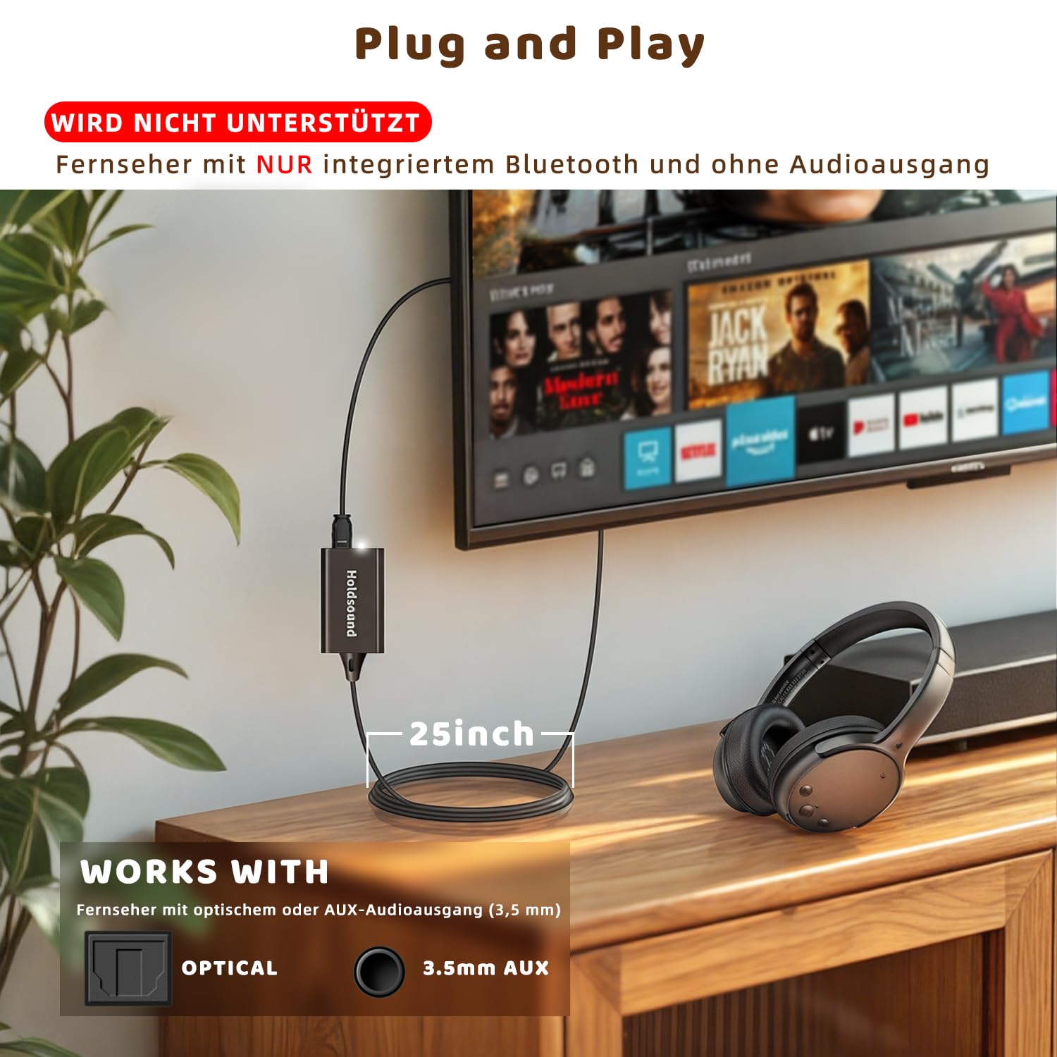 Holdsound Kopfhörer für Fernseher,TV Kopfhörer Kabellos für Senioren mit USB Verlängerungskabel Sender, 40 Stunden, Keine Verzögerung, Plug and Play, Geschenke für ältere Menschen
