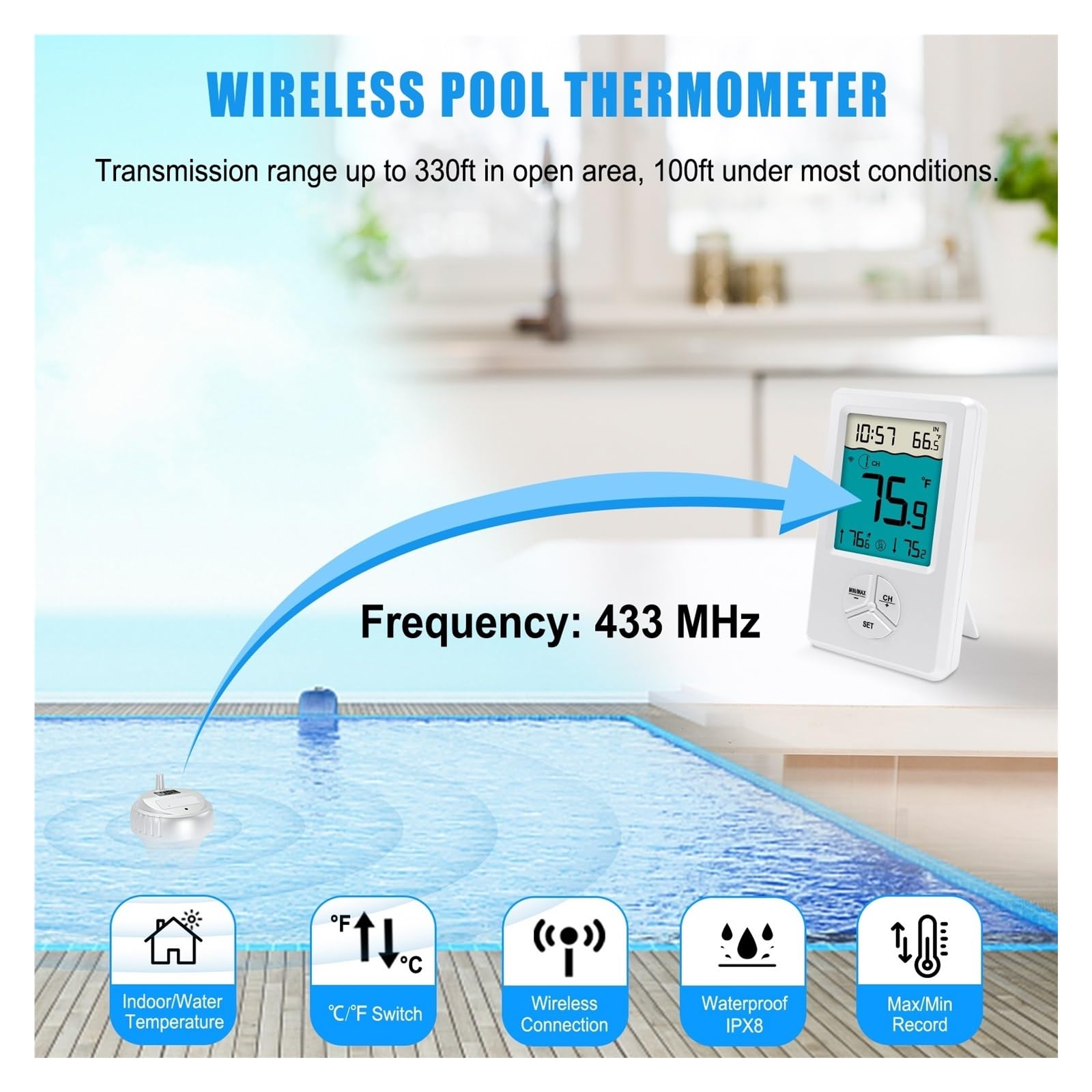 Termómetro Inalámbrico For Piscina con Pantalla LCD Digital, De -40 °C A 60, IPX8, Resistente Al Agua Y Flotante, For Piscinas Frías, Spas Jacuzzis