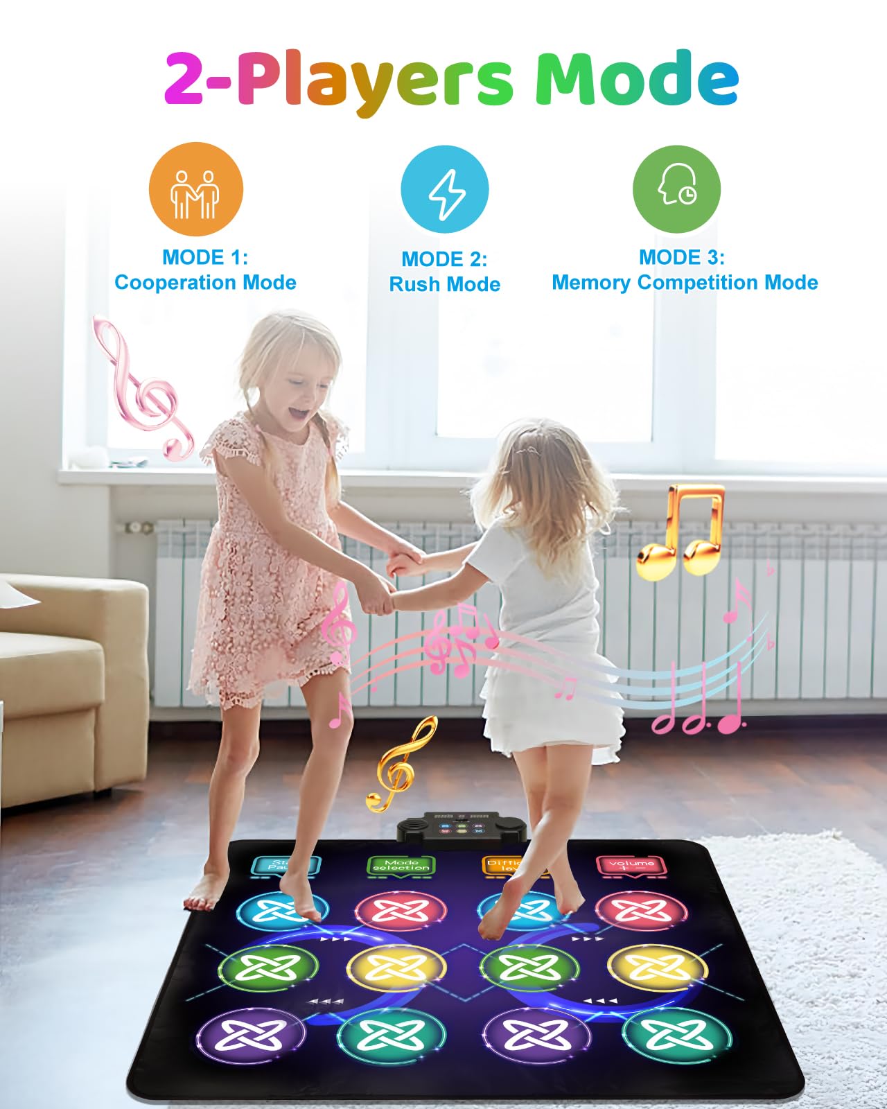 Tapete de baile para niños, almohadilla de baile de 12 botones con luz LED con volumen ajustable, música integrada, modo de 1 jugador y 2 jugadores, 8 modos de desafío y 3 niveles de 3