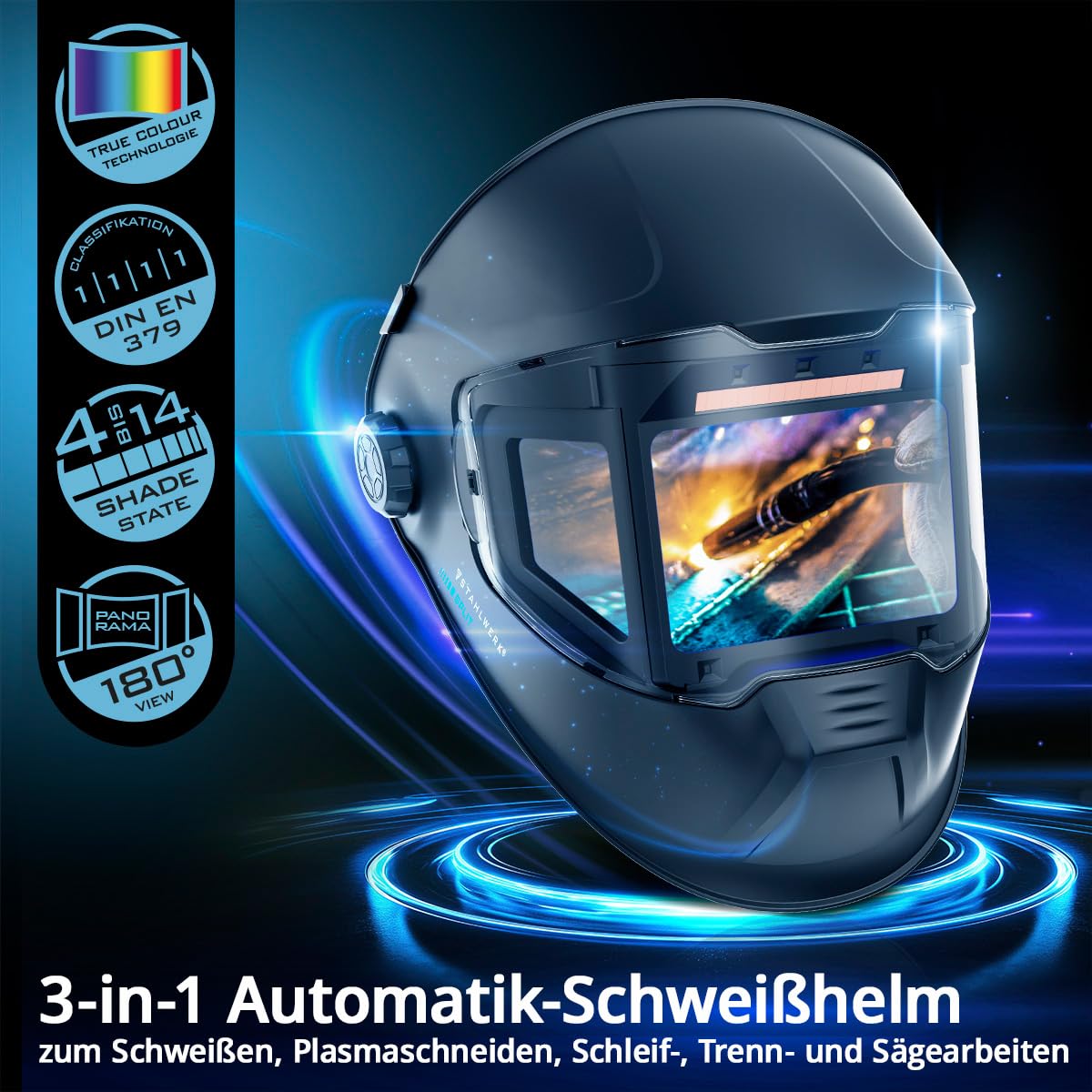 STAHLWERK Automatik-Schweißhelm 3-in-1 Split inklusive Schweißhaube – LCD-Farbdisplay, 180° Sichtfeld, True-Colour-Echtfarbwiedergabe, Jobspeicher, Abdunkelung DIN 4 - DIN 14, optische Klasse 1/1/1/1