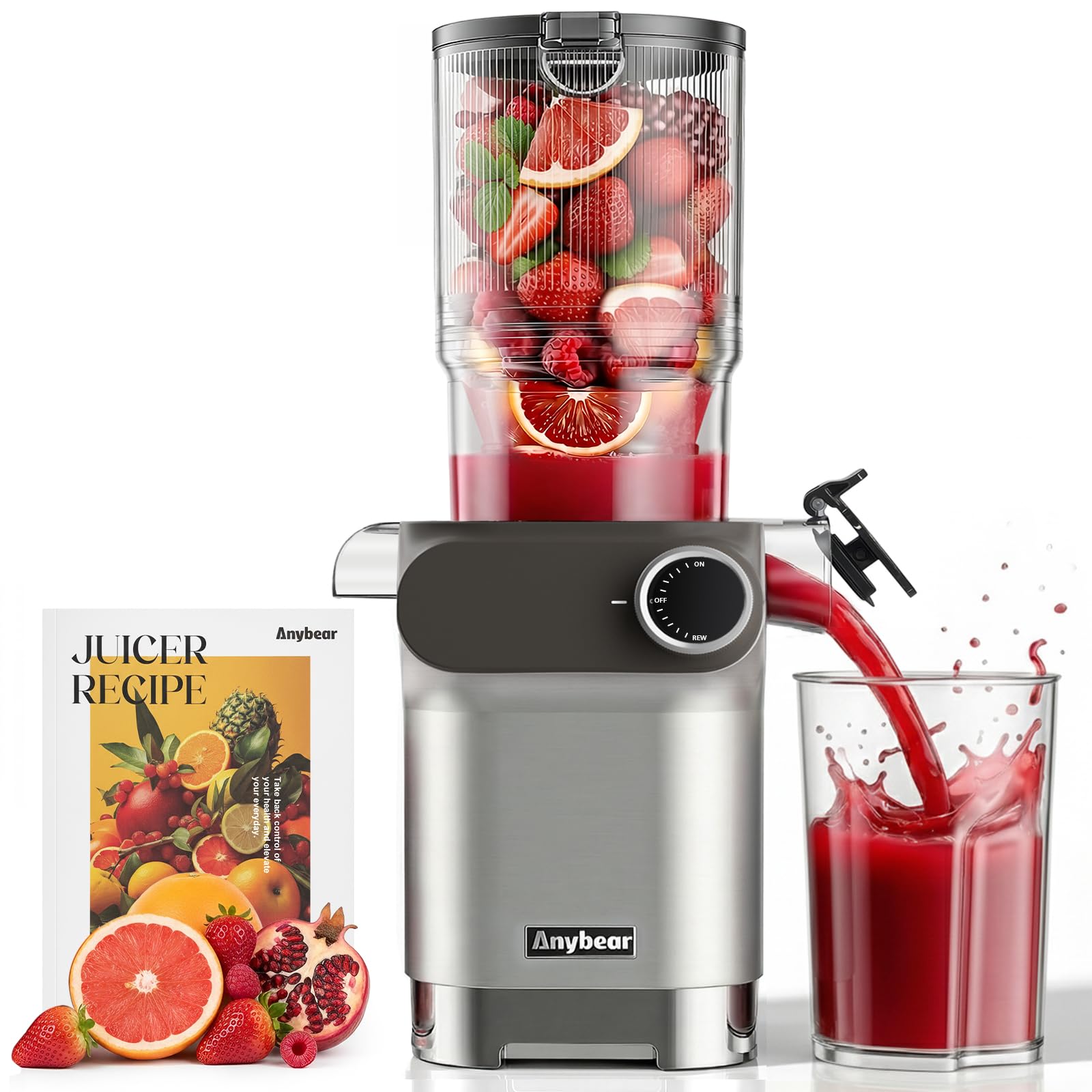 Anybear Entsafter, 200W Slow Juicer Kaltentsafter mit 110 mm großem Einfüllschacht für ganze Früchte/Gemüse | Upgraded Schnecke | Tritan-Material | BPA-frei | Inkl. Saftrezepte (Silbergrau)
