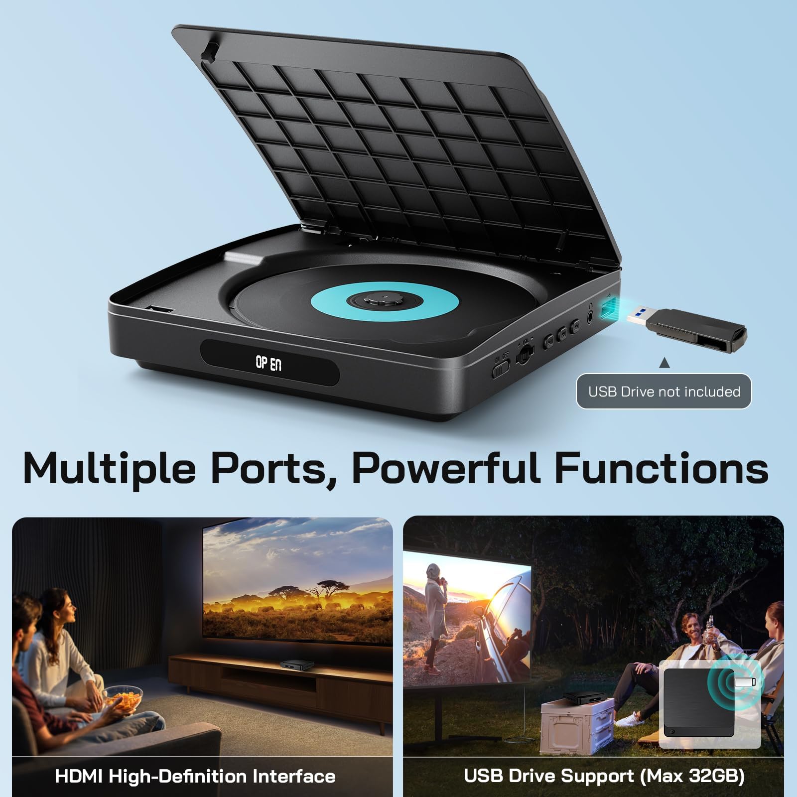 WOLFANG Lecteur DVD pour TV avec HDMI, Full HD Multi-région, télécommande et câble de Type C, Lecteur CD pour système stéréo Domestique, Port USB