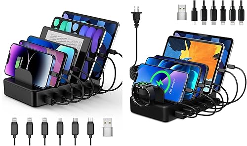 CREATIVE DESIGN Estación de carga versátil 6 en 1 negra con soporte de reloj para iPhone 5 y más reciente, carga de múltiples dispositivos, diseño