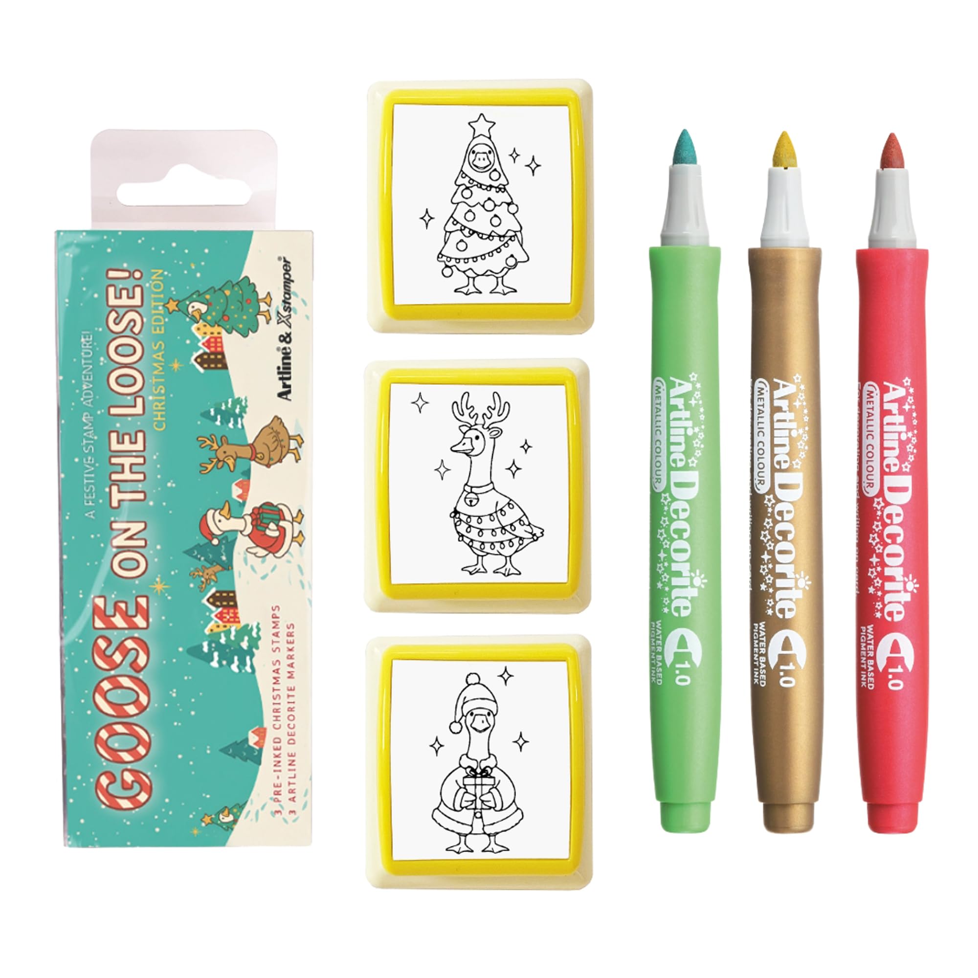 Artline Pre Inked Christmas Stamps and Decorite Pen Set (Goose on The Loose Set 2) 3X Red and Black Ink Stampers and 3X Colouring Pens for Christmas Crafts - Genuine Artline Art Supplies