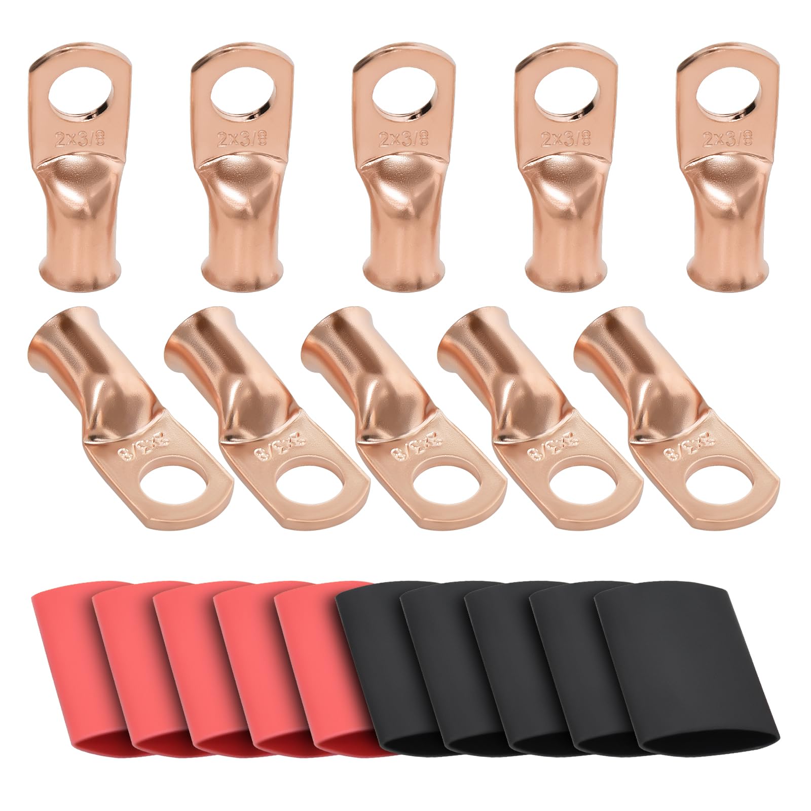 Shirbly 10pcs 2AWG-3/8 Heavy Duty Battery Lugs, Ring Terminals with 10pcs 3:1 Heat Shrink Tubing, Battery Cable Ends for Marine, Automotive, Solar