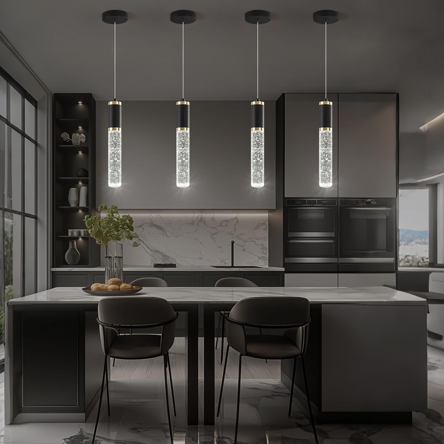 3-Pack Modern Crystal Pendant Light for Kitchen Island, Elegant Black Gold LED Bubble Hanging Chandelier Lighting Fixture for Dining Room Bedside