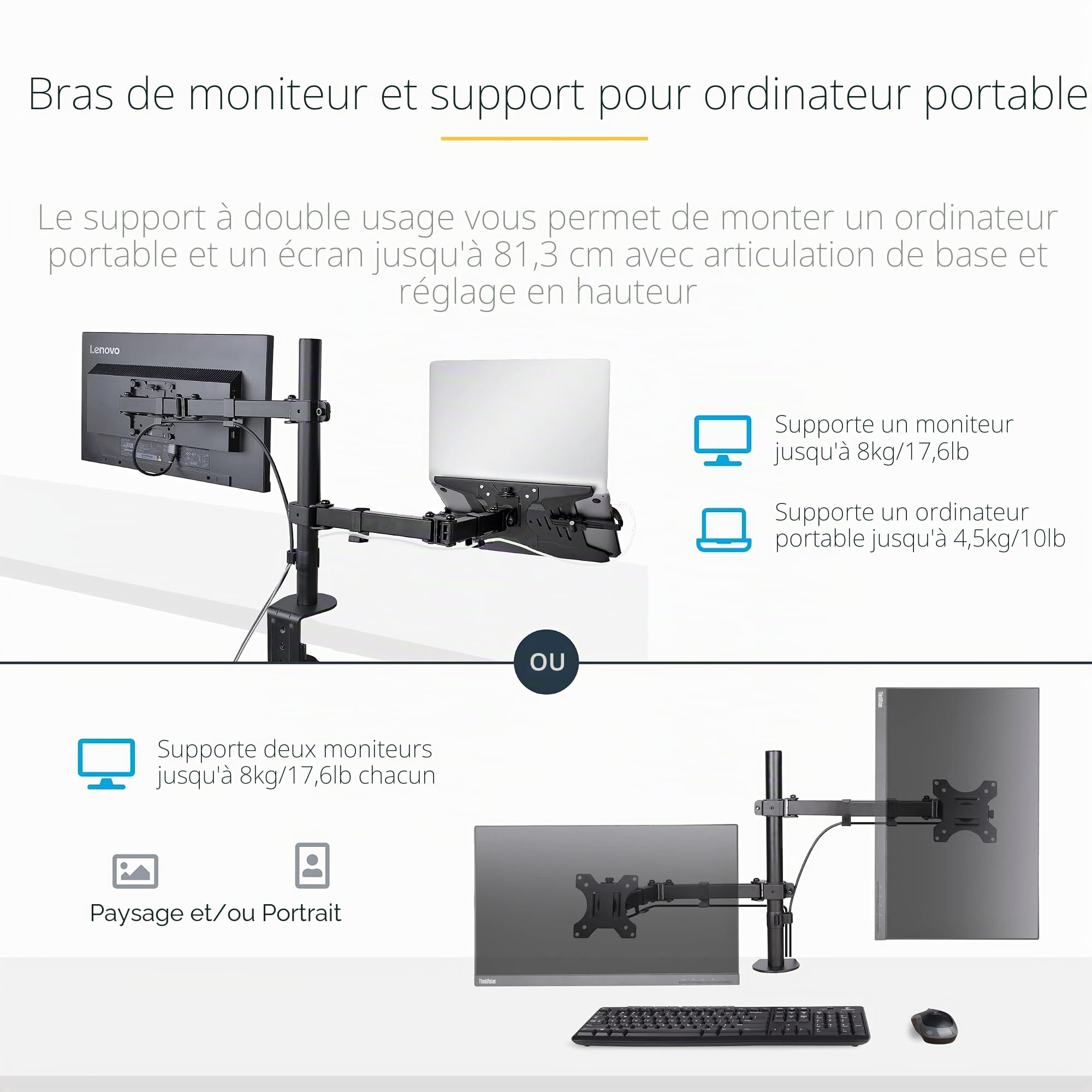 StarTech Bras Écran 32", 4,5kg, Plateau PC Portable (A2-LAPTOP-DESK-MOUNT) | Plateau ventile pour ordinateur portable, VESA, Reglable, Inclinaison pivotement rotation, Pince oeillet