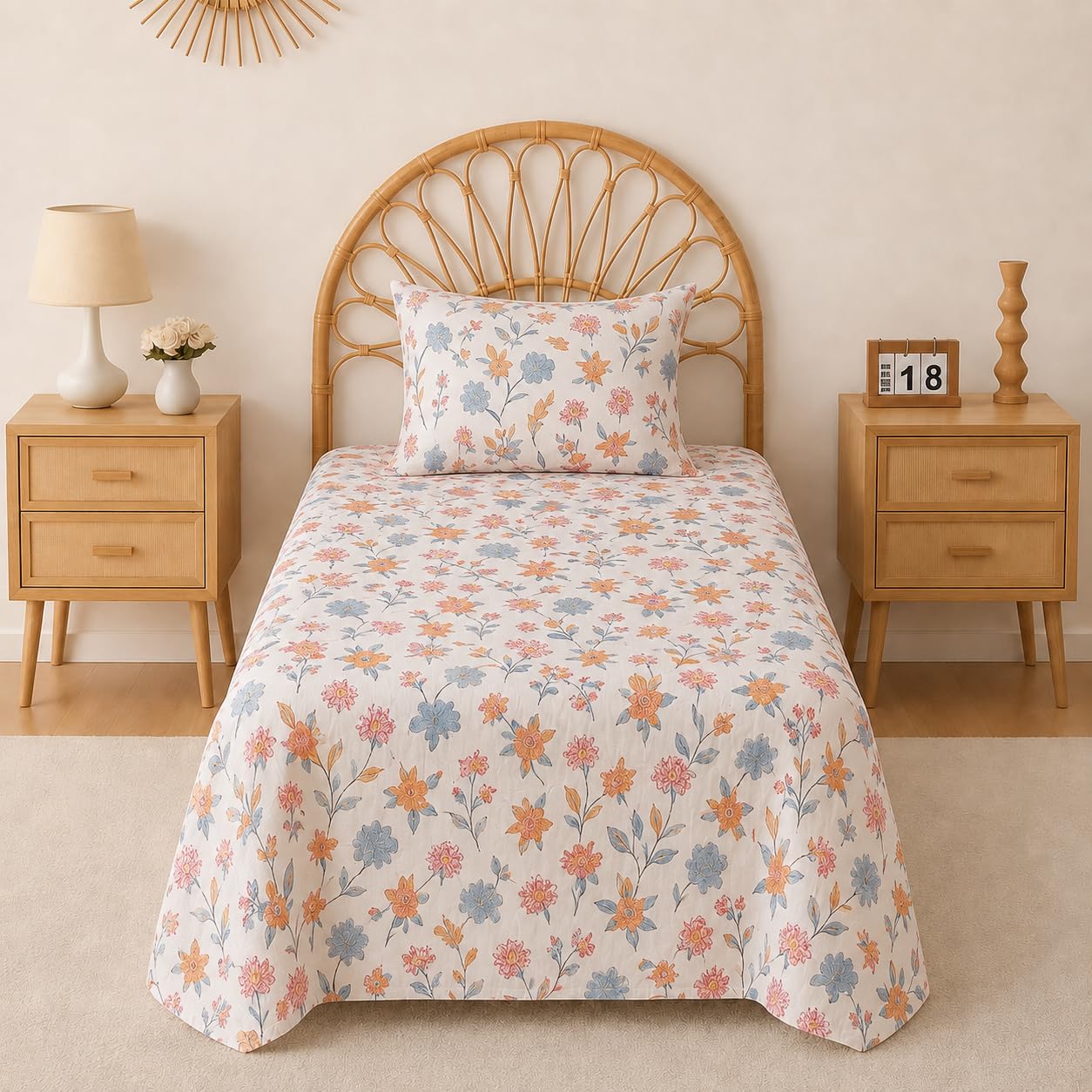VAS COLLECTIONS 240 TC Premium Cotton Single Bedsheet, Soft Breathable Comfortable Floral Printed Bed Sheet, Elegant Durable Bedding for Bedroom, Easy Care Single Bed Cover,60 x 90 Inches - Pearl