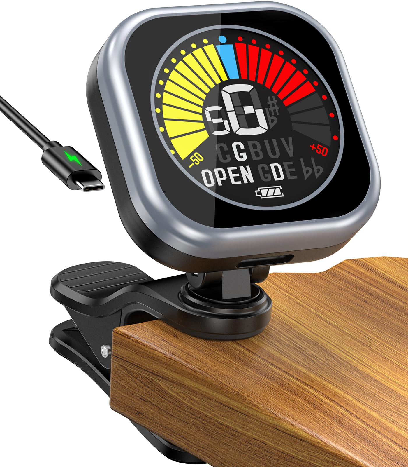 New Bee Guitar Tuner Clip-On Rechargeable with Color Screen 360° Rotatable Acoustic Chromatic Open Tuning for Guitar, Bass, Ukulele, Violin (Grey, 1 Pack)