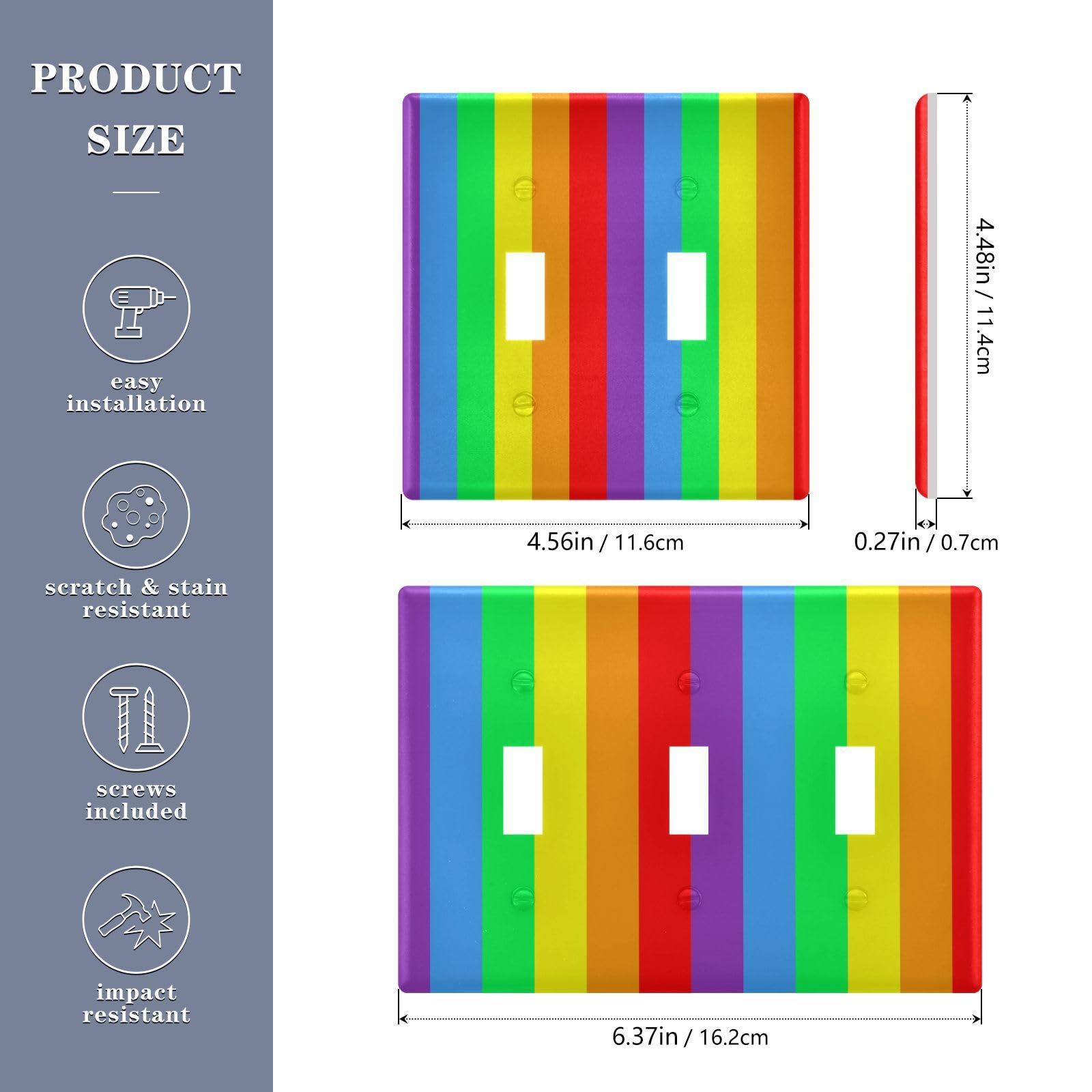 Light Switch Cover Rainbow Stripe Colorful Wall Plates for Electrical Outlets 3 Gang Rainbow Stripe Colorful