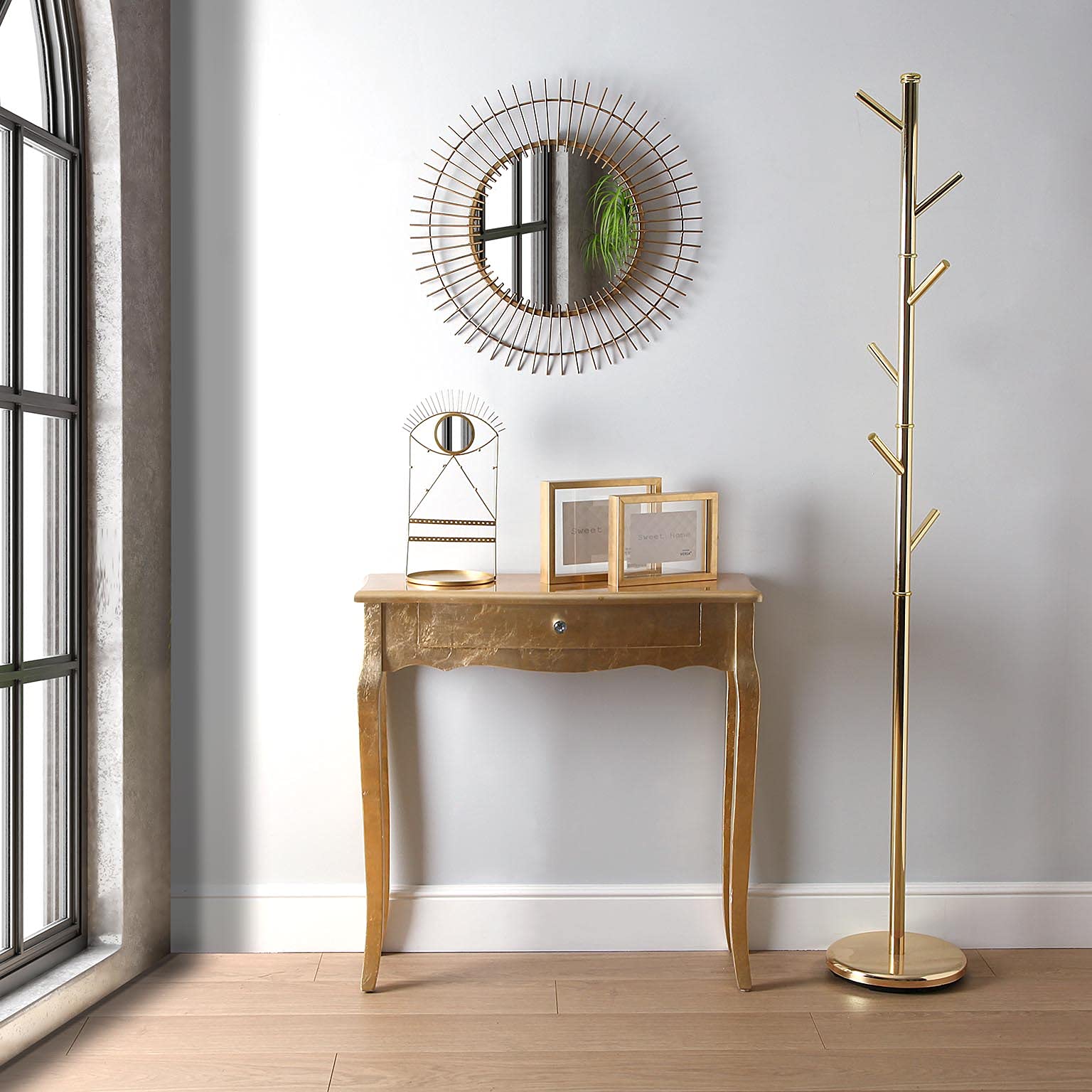 VERSA Cagliari Consolle Ingresso, Tavolo Consolle, Tavolino Ingresso, Tavolo Salotto, con 1 cassetto, Misure (A x L x l) 80 x 30 x 80 cm, Legno, Colore Dorato