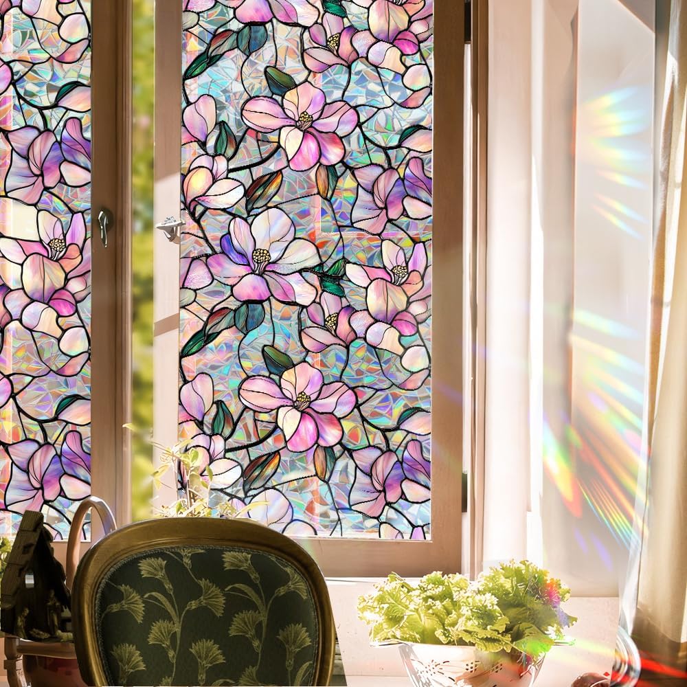 Sunroof Stained Glass Window Film, Rainbow Magnolia Static Window Clings, No Adhesive Sun Heat Blocking Privacy Window Film Decals for Home Office Living Room Car Sunroof Stickers 16.9 x 39.37 Inch