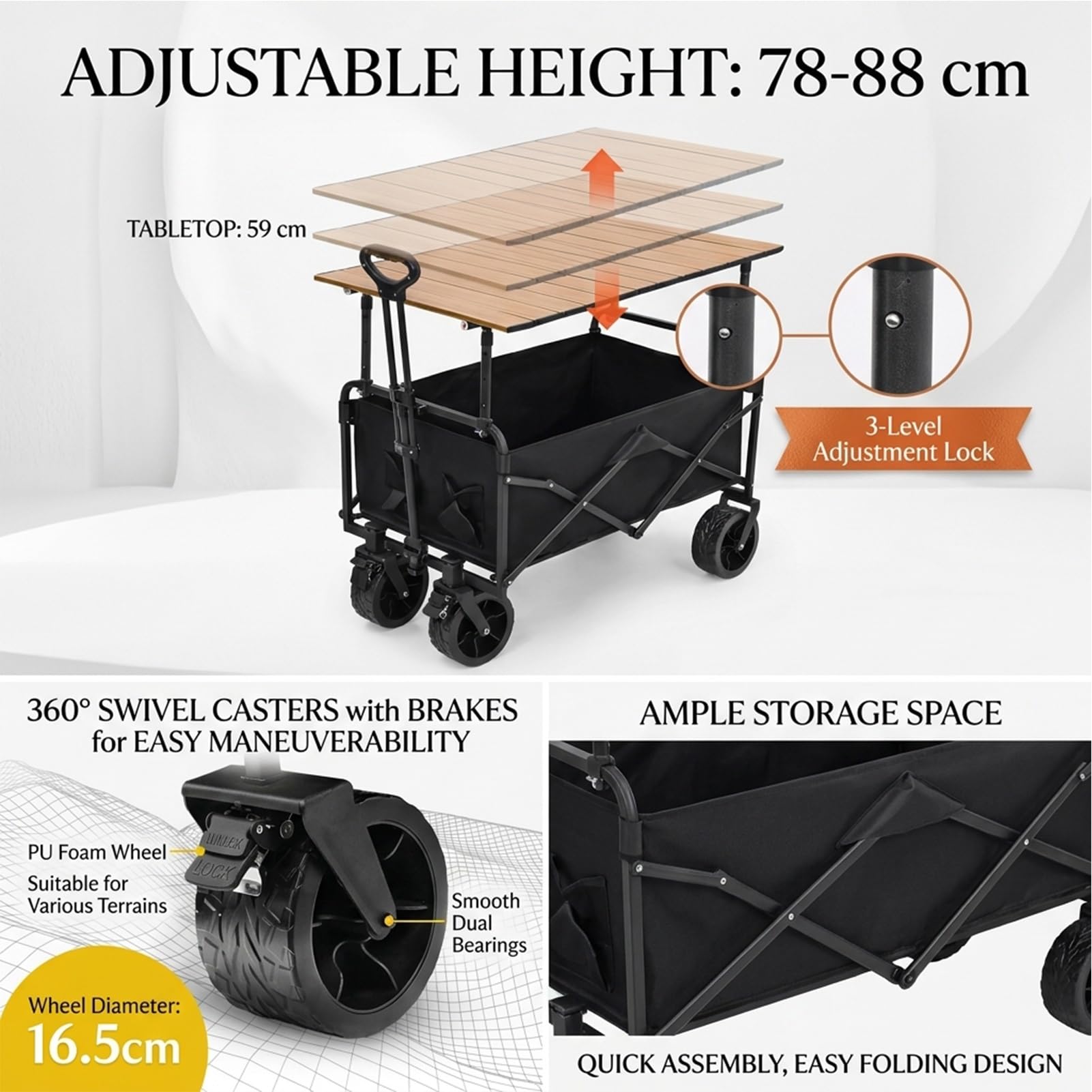 Carrello pieghevole per esterni con tettoia, espositore mobile per cibo da strada, ruote bloccabili, carro portatile per mercato, campeggio, spiaggia