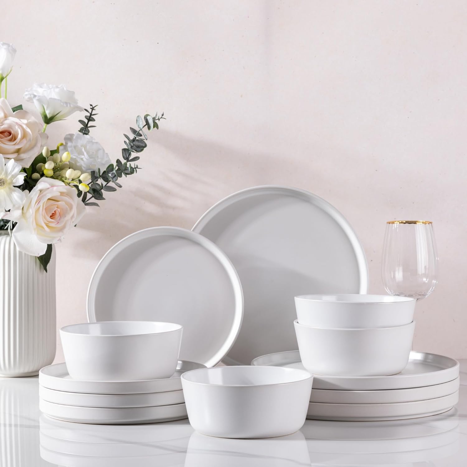 AmorArc Ceramic Dinnerware Sets for 4, Modern Flat Stoneware Plates and Bowls Sets,Chip and Crack Resistant | Dishwasher & Microwave Safe Dishes Set,Scratch Resistant- Service for 4 (12pc)-Matte White