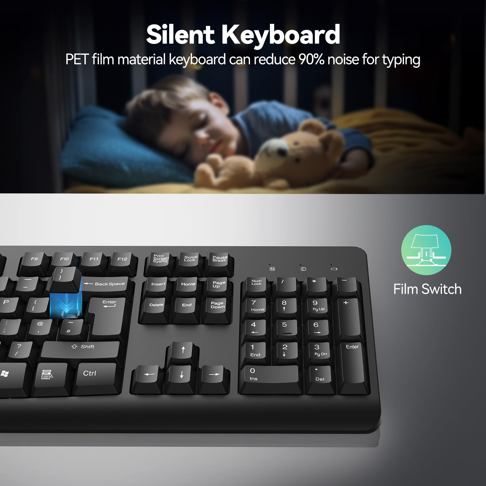 TECKNET Wireless Keyboard for Laptop, 2.4G USB Silent Computer Keyboard with Ergonomic Keys & Adjustable Feet Stand for Desktop, PC, Notebook, and Windows, QWERTY UK Full Size Layout- Black — view 5