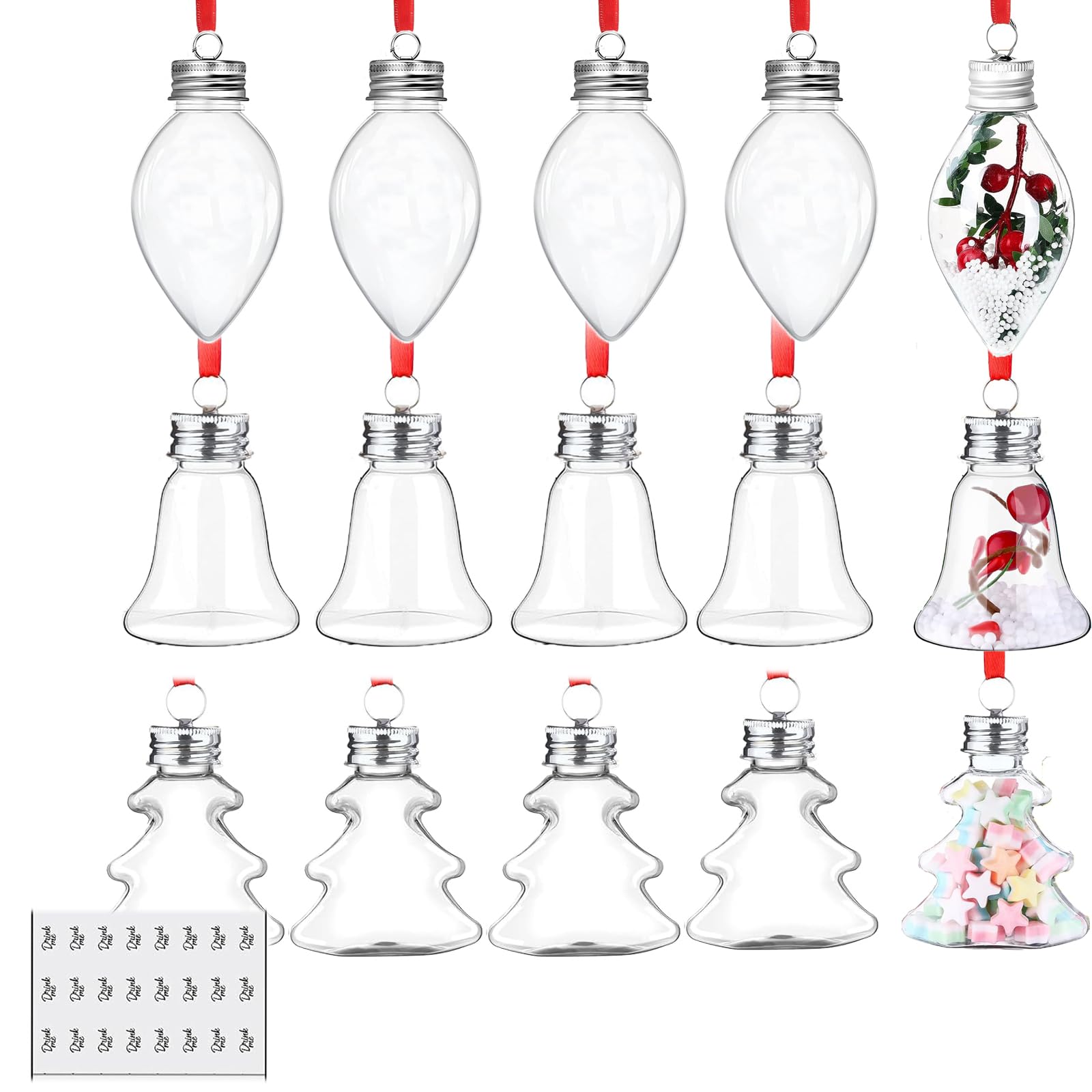 15Pcs Christmas Booze Balls with 24Pcs Stickers and Red Rope Fillable Plastic Light Bulb Shape Pendant Ball Christmas Tree Shape Bell Shape Christmas Bulb Ornaments for DIY Home Holiday Party Decor