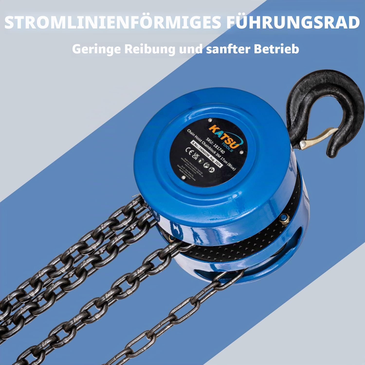 KATSU Tools Kettenzug 1000kg 3m Hubhöhe, Robuste Haken mit Sicherheitsbügel, Kettenblock, Garage Automotor Schwerlast-Hebewerkzeug 181740