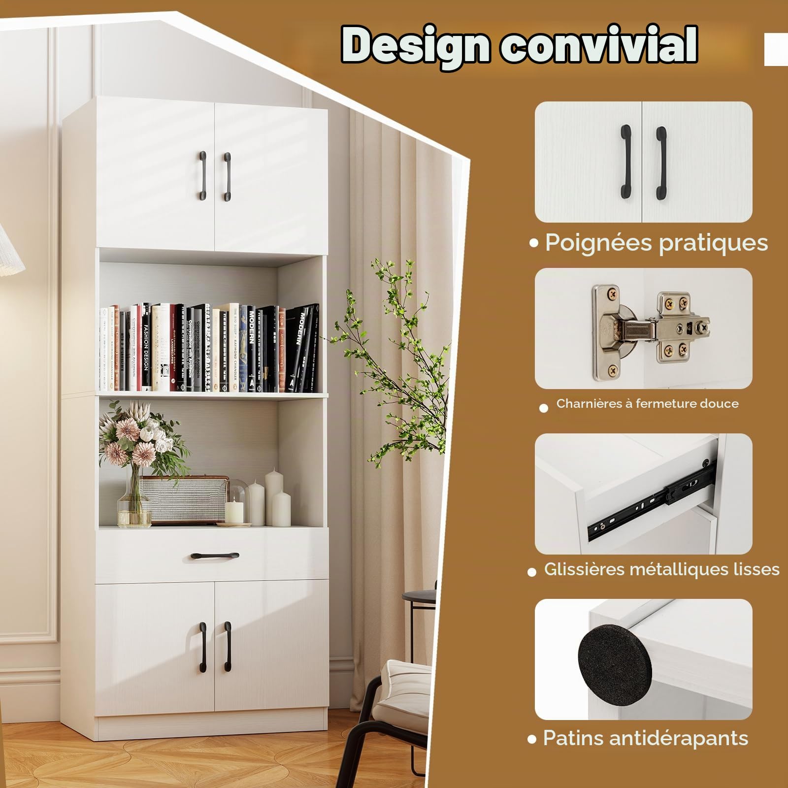 KOMFOTTEU Buffet Salle a Manger avec Station de Charge, 65 x 38 x 168 cm