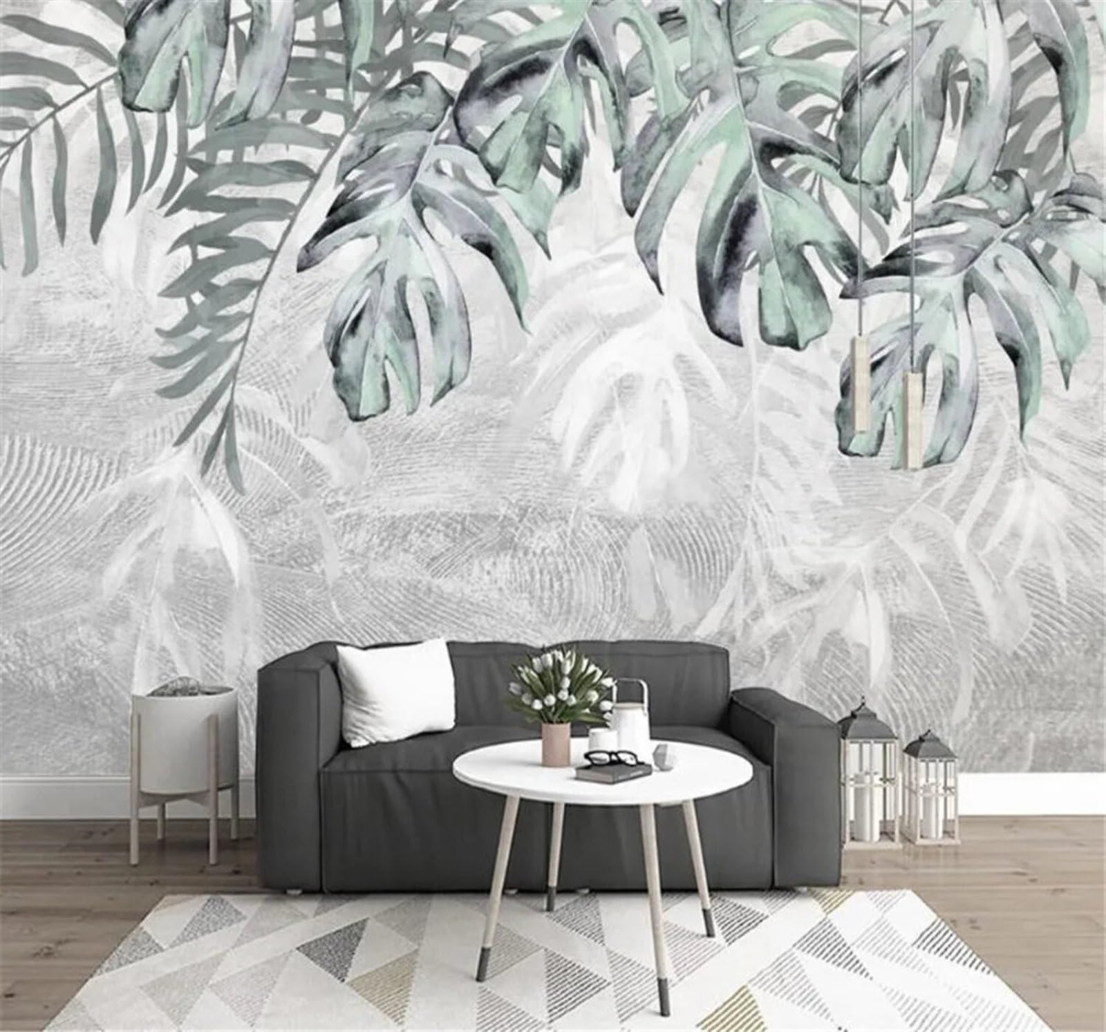 Tzxztt 400Cm×280Cm(B×H) Minimalist Green Plants Leaves Hand Drawn Modern 3D Wallpaper Premium Textured Silk Neutral Tones Material Ideal For Living Room Bedroom-400Cm×280Cm