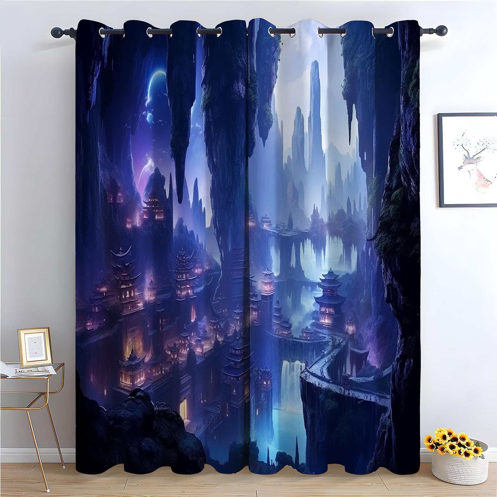Rideaux fantastiques montagnes flottantes et ville grotte pour ado H215xL100cm