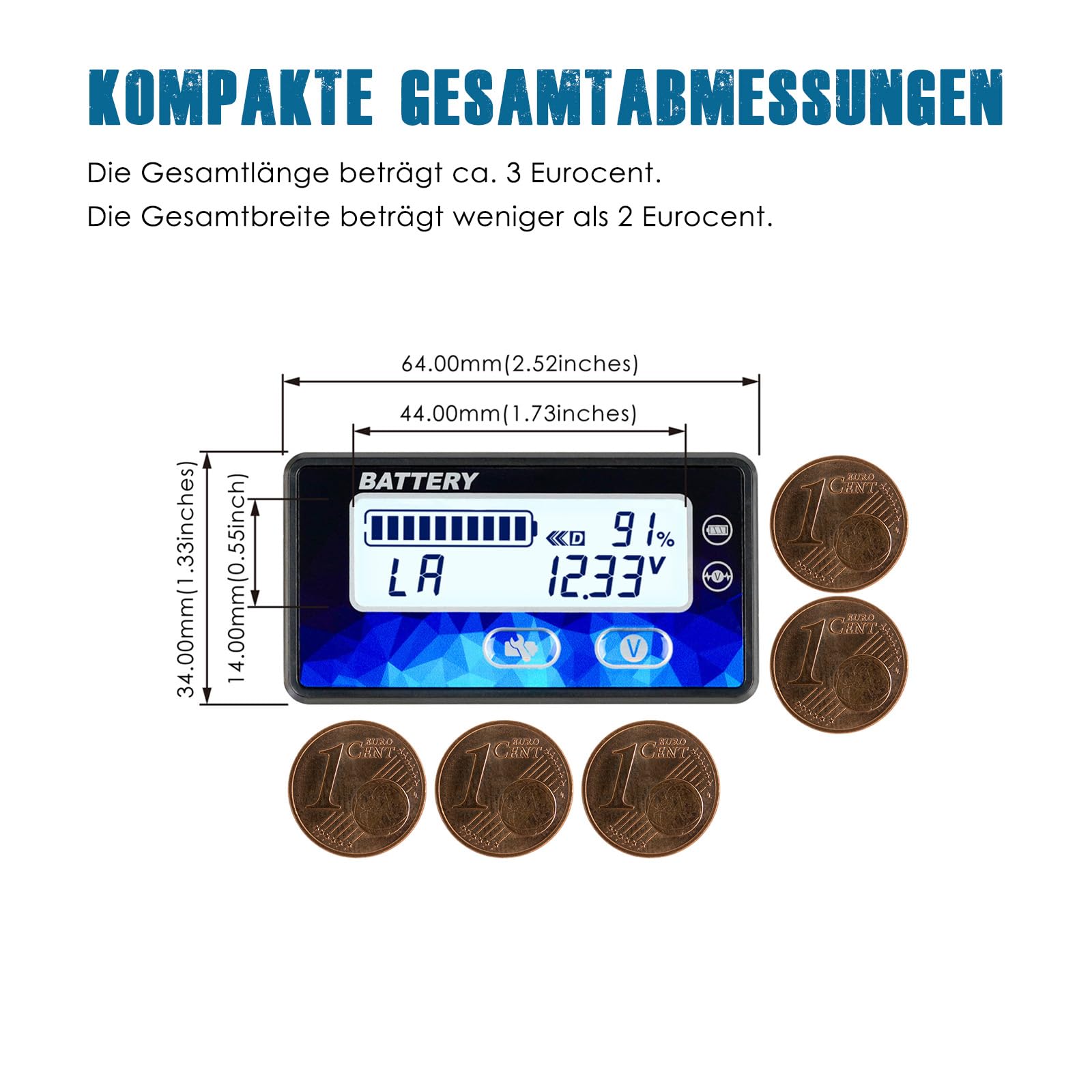 Runleader RL-BI050A Indicatore Livello Batteria, LCD Retroilluminato Bianco, DC 12V/24V/36V/48V per Piombo, LiFePO4, Litio, Golf Car, Camper, Muletto, Bici Elettrica & Generatore Solare