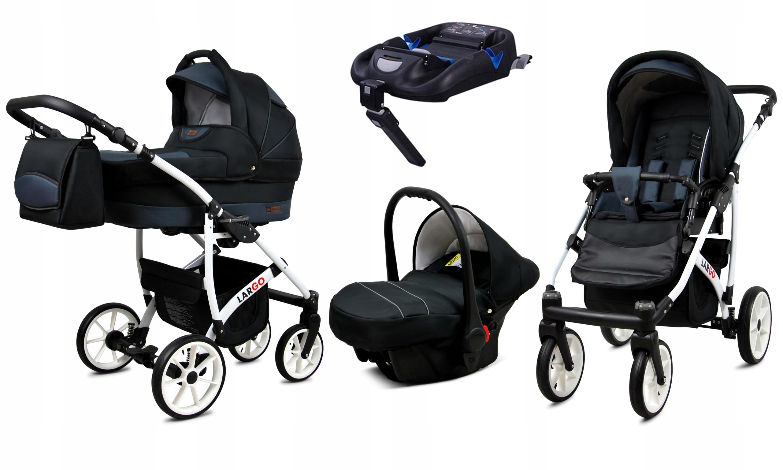 BabyLux Zestaw wózków dziecięcych 4 w 1 – Largo – w zestawie wanienka dla niemowląt, fotelik sportowy, fotelik samochodowy, stacja bazowa ISOFIX – fotelik samochodowy – zestaw wózków dziecięcych