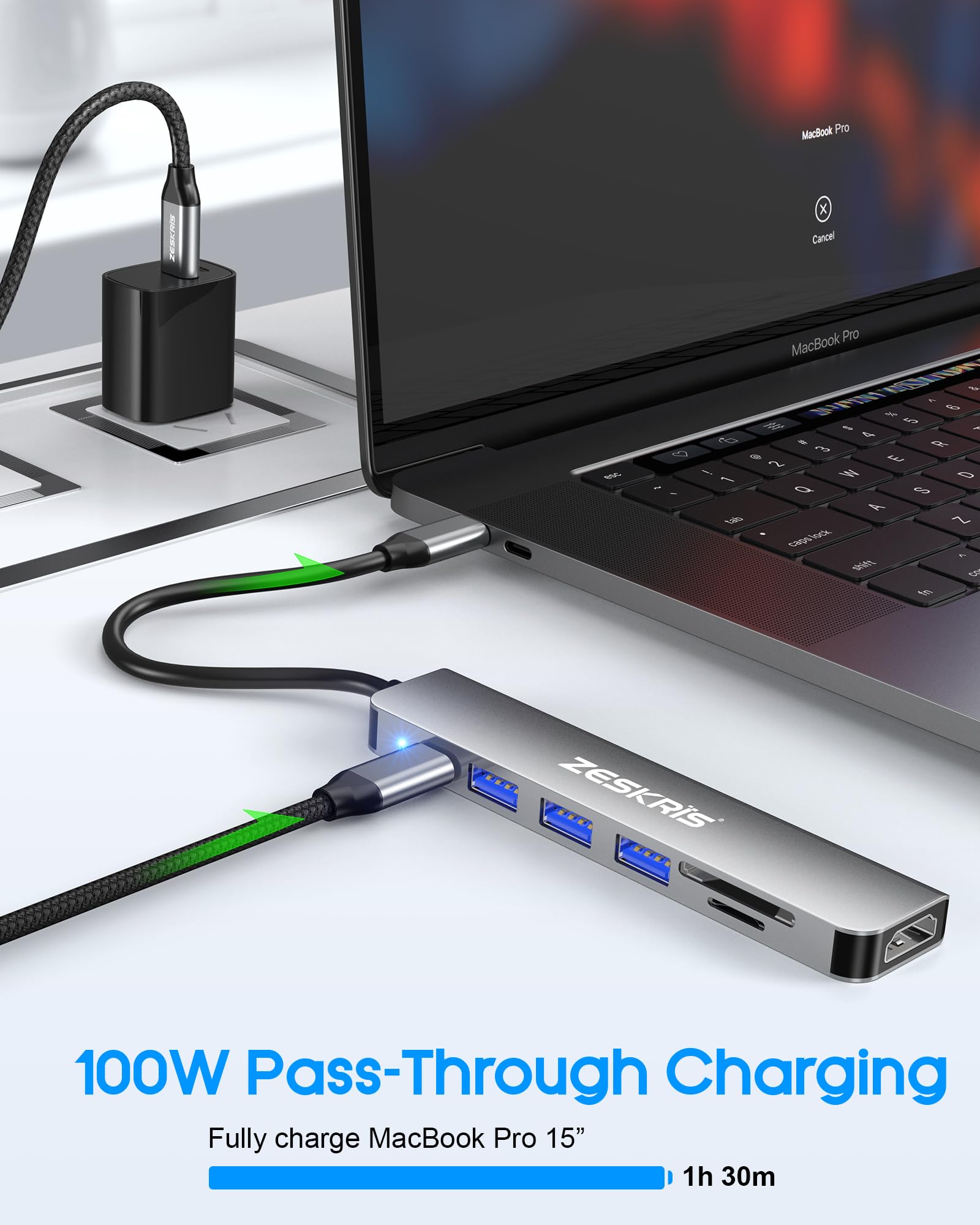 Hub USB C ZESKRIS, adattatore USB C a HDMI 7-in-1 con HDMI 4K, 100W PD, 1*USB 3.0, 2*USB 2.0 e lettore di schede SD/TF, splitter multiporta compatibile con Macbook Air/Pro M1/M2, Surface Go