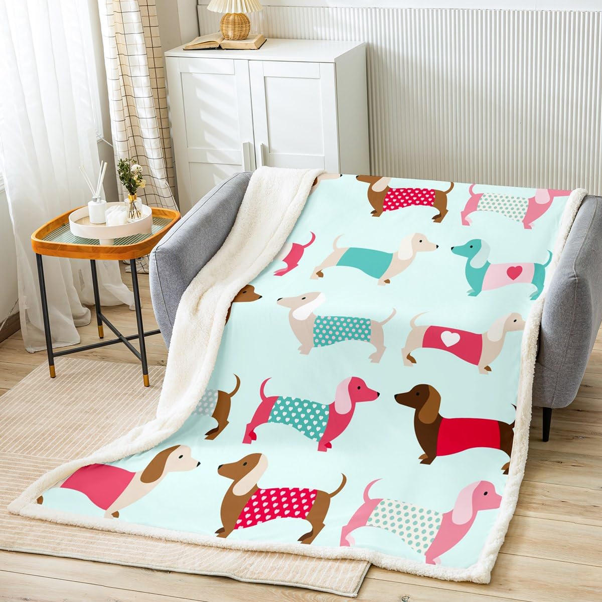Manta Sherpa de Dibujos Animados para Perro Salchicha Manta de Forro Polar para Cama, sofá, Perro Salchicha de Dibujos Animados, Manta de Felpa Kawaii para Mascotas, Manta mullida Individual de 50 x