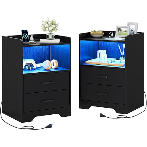 Hasuit Night Stand Set of 2 with LED Lights and Charging Station, Modern Bedside End Table with 2 Fabric Storage Drawers, Black Nightstands for Bedroom