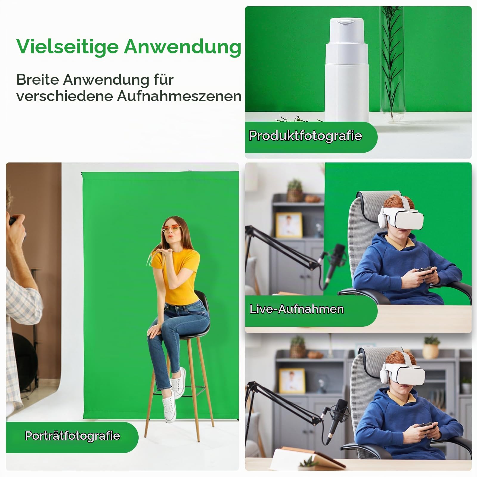 Greenscreen mit Ständer 2 x 2 m, Upgraded Fotografie Hintergrund Ständer mit Chromakey Fotohintergrund für YouTube Video Fotostudio Streaming Gaming TikTok