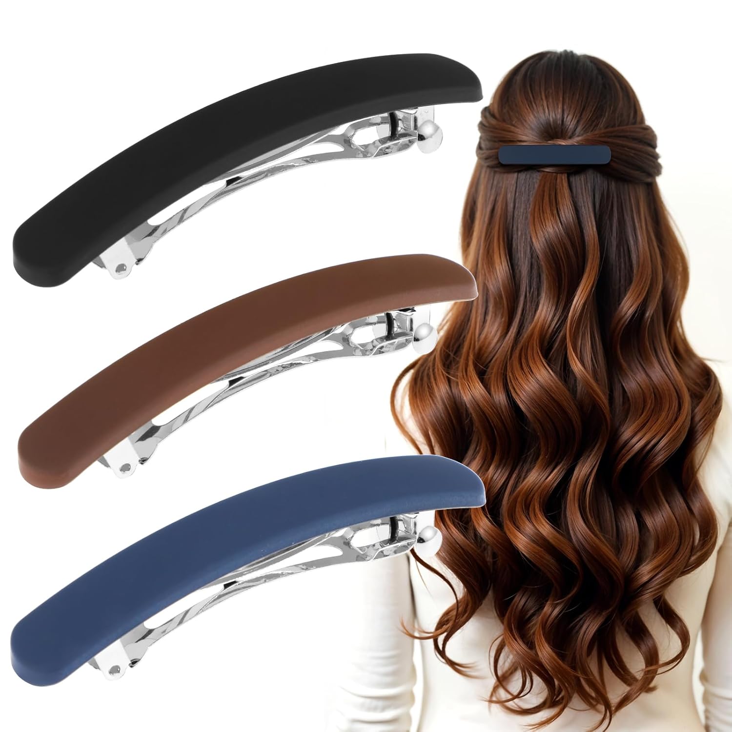 3Pcs Matte Barrettes Hair Clips for Women Thin - 3.54 inch French Flat Claw Clips for Short to Medium Hair Accessories for Wedding Dating Daily Wear - Curry + Black + Blue - Image 4