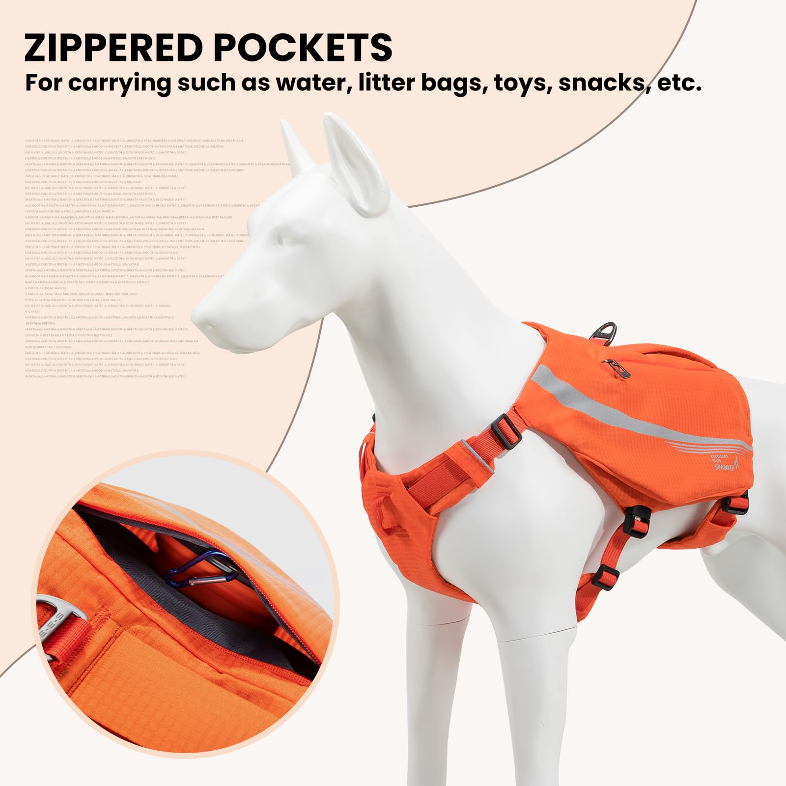 EXCELLENT ELITE SPANKER Sac à Dos réfléchissant en Forme de Y pour Chien avec Poches pour Les poignées Anneaux en D sans Traction Équipement de randonnée léger pour Chiens Chasse Voyage(ORG)