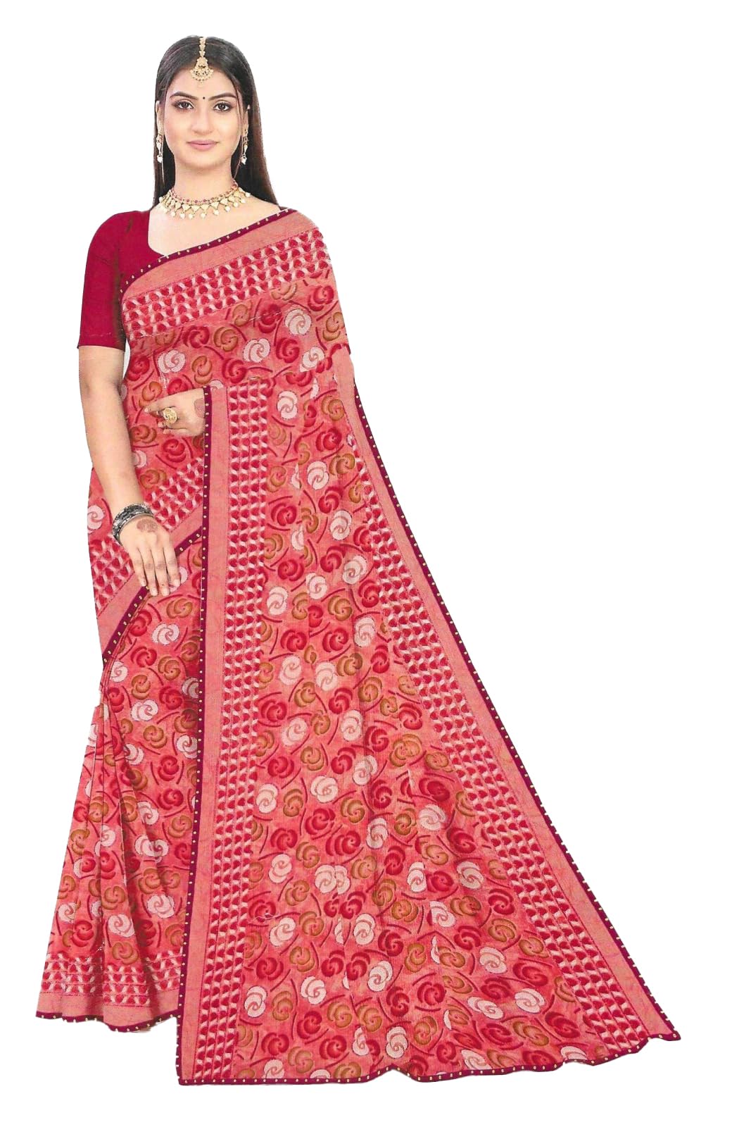 Saree with Blouse Piece | Rich Red Saree with Pink, Gold & Maroon Floral Motifs | Maroon Blouse | Elegant Festive, Party & Traditional Saree-image-11
