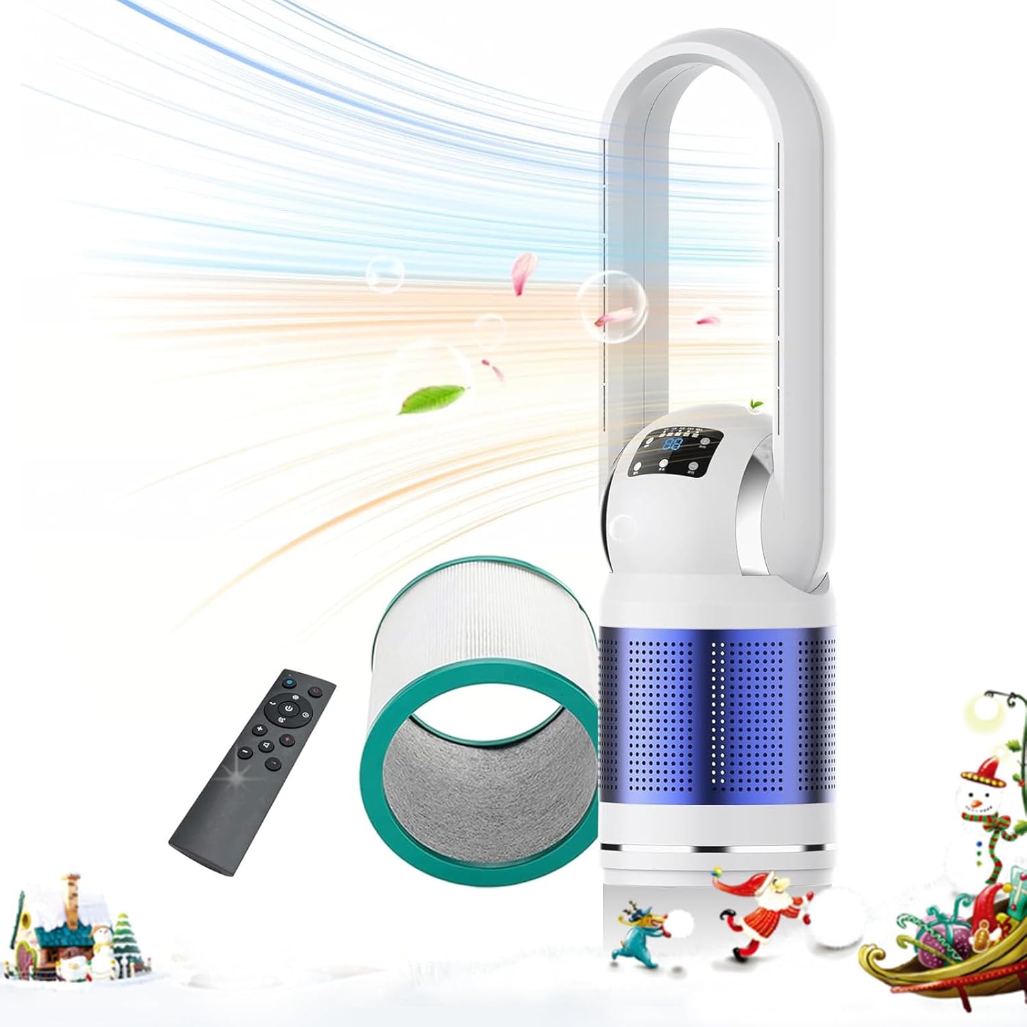 HEATIT Spacer Heater Bladeless Fan with Remote and Air Purifier Tower Fan 80° Oscillating with 8 Speeds 8H Timer Air Circulator Fan HEPA Filter with PM 2.5 for Home Bedroom Kitchen and Office Blue