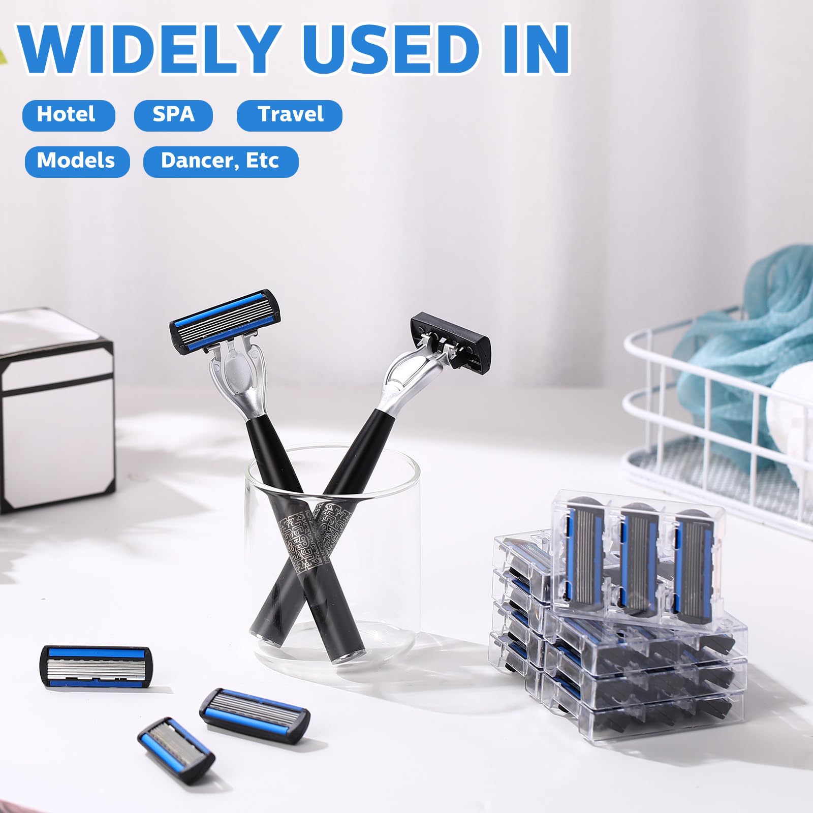 Juego de 40 maquinillas de afeitar desechables para hombre, recargables, de 6 cuchillas, para piel sensible, kit de maquinilla de afeitar recargable, para un afeitado cómodo, 2 asas y 38