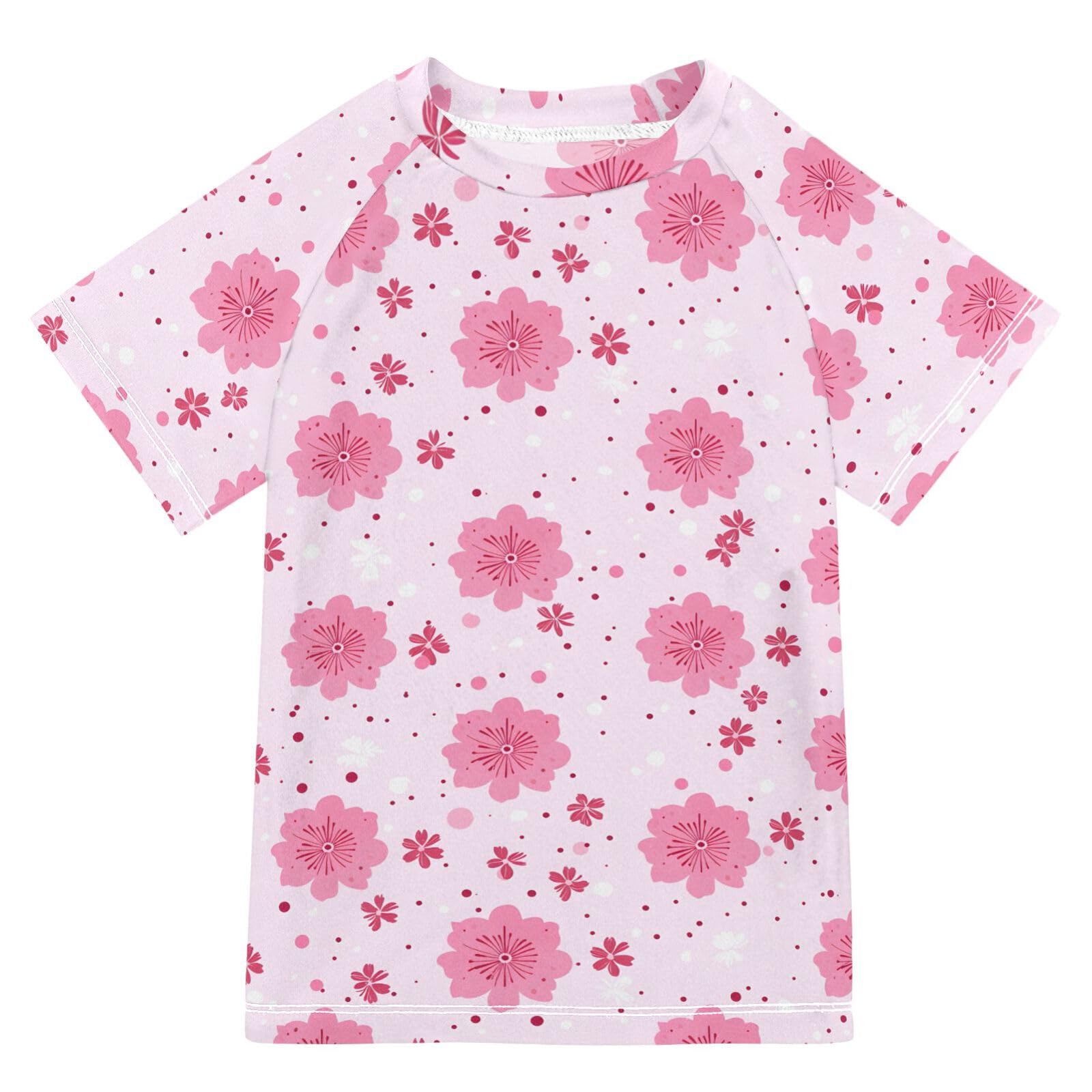 ALAZA Boys Swim Shirts Toddler Rash Guard Short Sleeve Rashguard Cherry Blossoms Cute UPF 50+ 11-12T