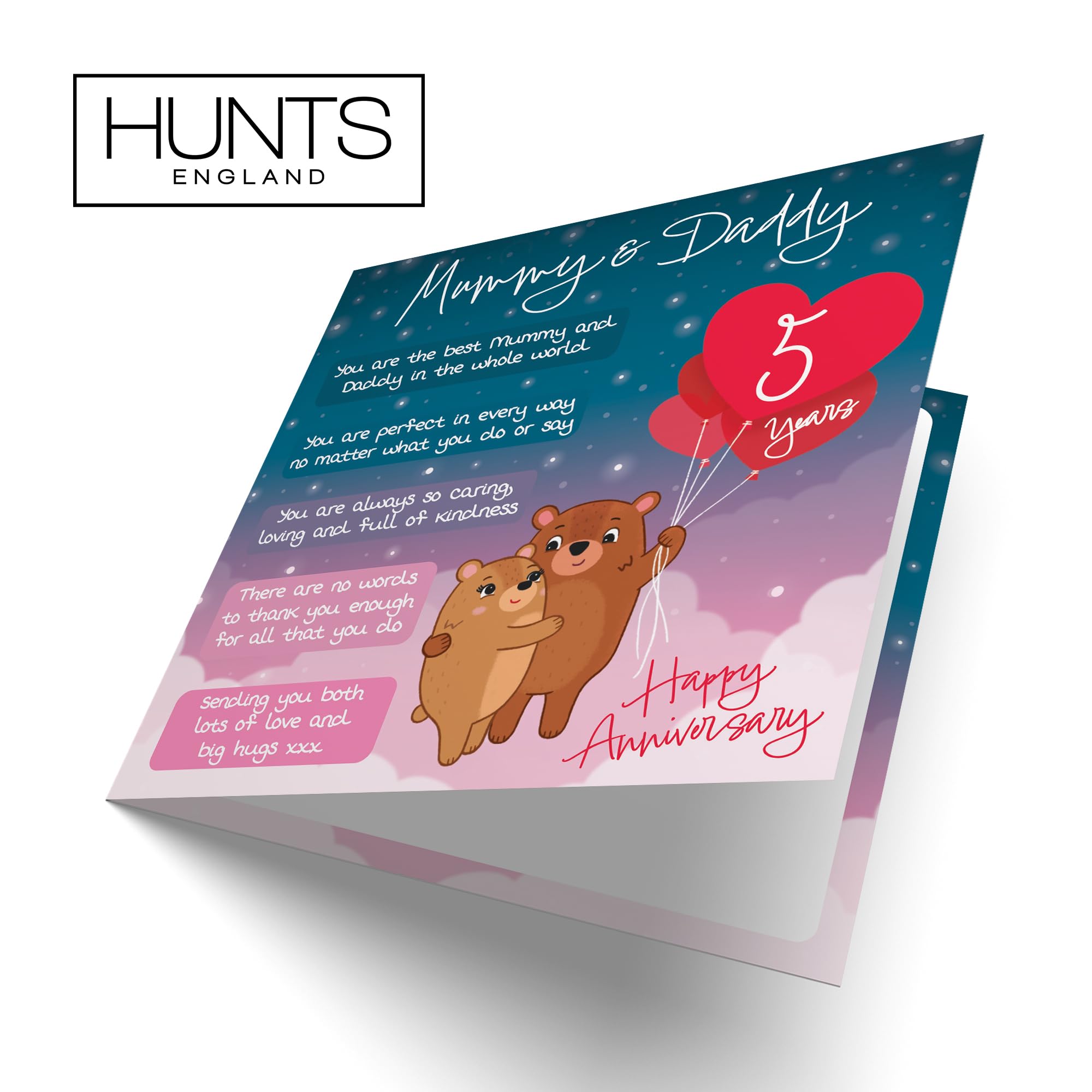 Hunts England - Mummy And Daddy 5th Anniversary Card - Starry Night - Cute Bears - Verse 5th Anniversary Card For Mummy And Daddy - Happy 5th Anniversary Poem Card For Parents - Image 4