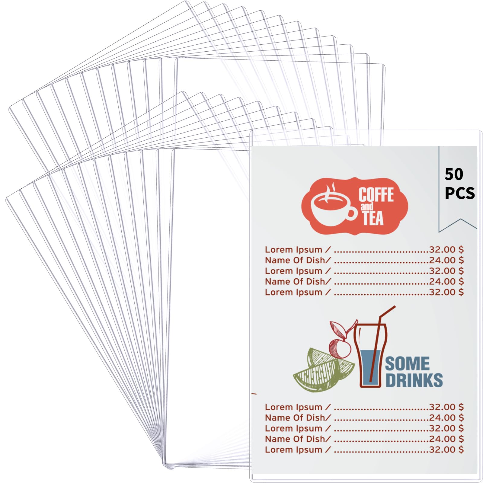 50 fundas de menú de 8.5 x 11 pulgadas, soporte de menú de vinilo transparente de doble cara, protectores rígidos de impresión de papel resistentes, fundas protectoras de plástico duro para hojas de