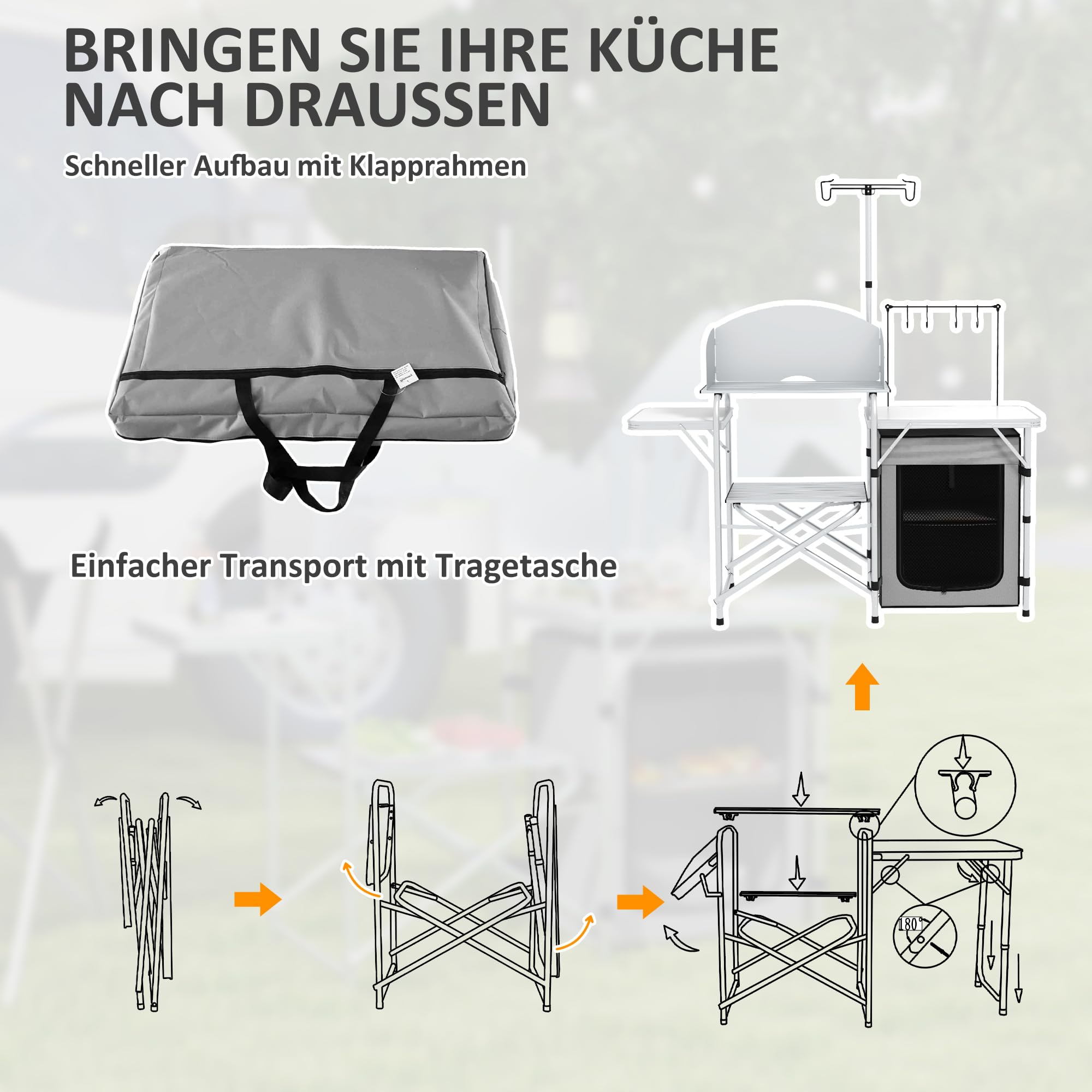 Outsunny Campingküche klappbar, Outdoor Küche mit Windschutz, UV-Schutz, 3 Arbeitsplatten, Schränkfach, Lichtständer, Aluminium, für Garten Camping, Silber