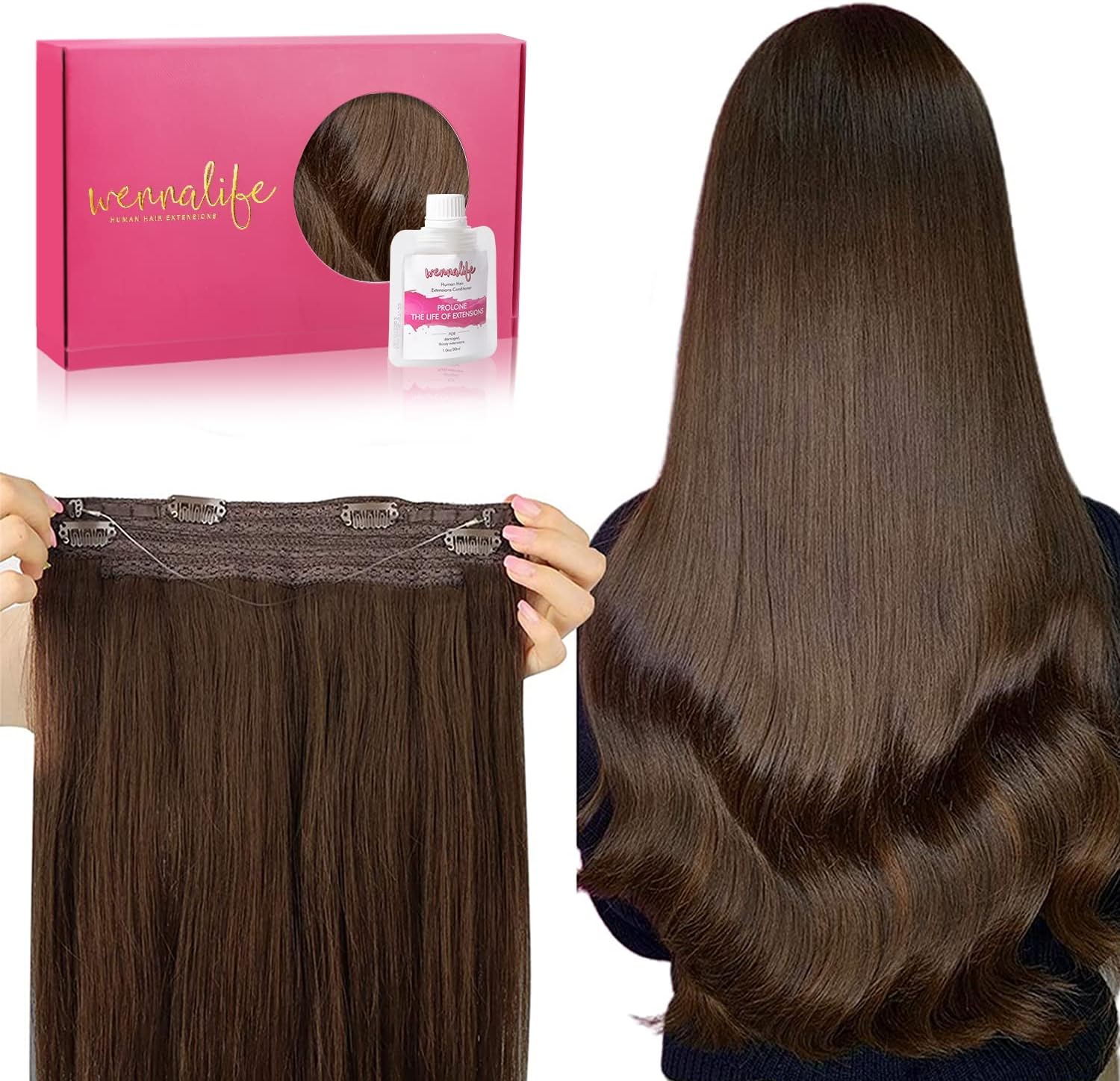 WENNALIFE Wire Hair Extensions (Increase 50% Lifespan) Real Human Hair 16 inch 95g Chocolate Brown Remy Wire Hair Extensions Invisible Transparent Fish Line Straight Real Hair Extensions