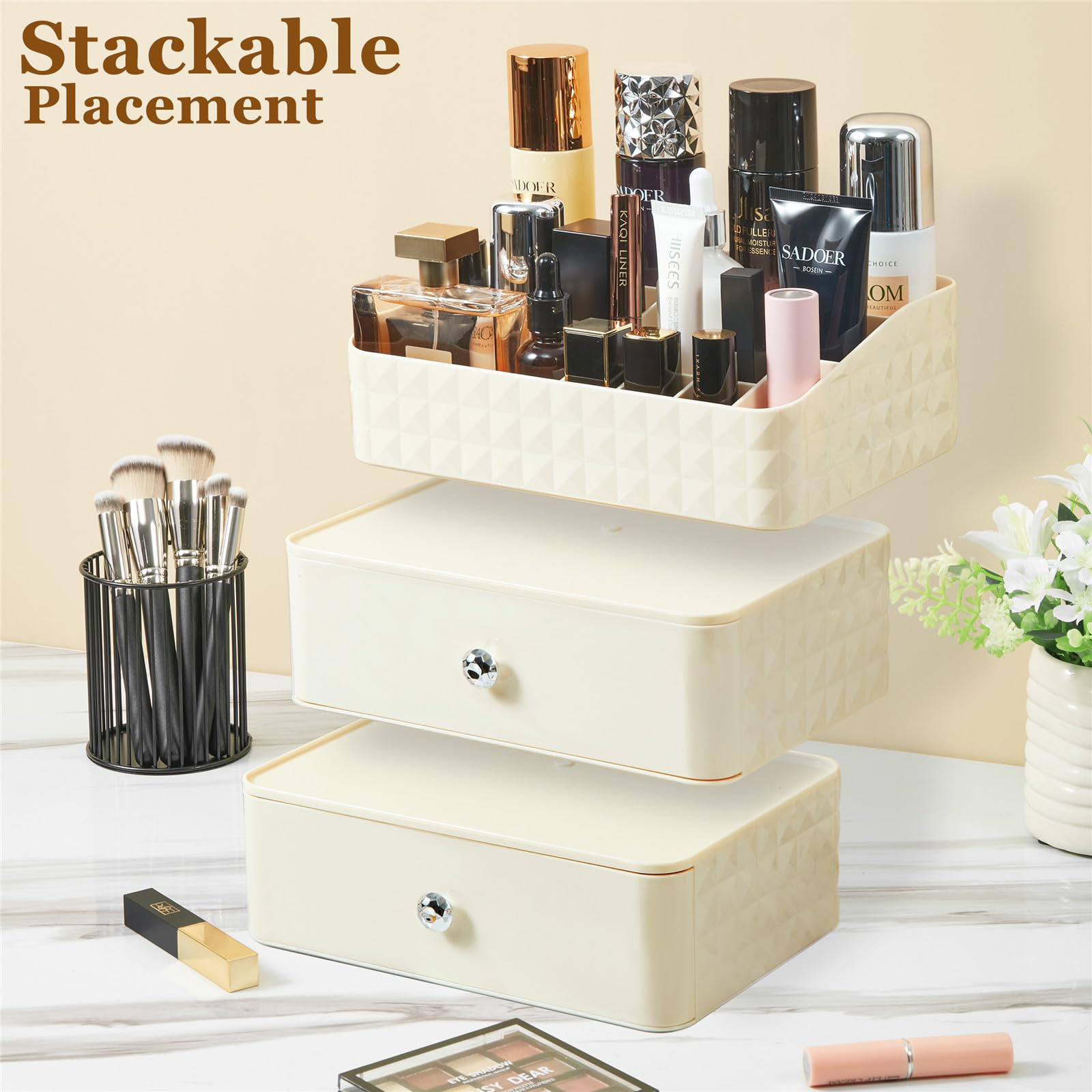 Makeup Organizer for Vanity, Stackable Cosmetics Organizer and Storage, Cosmetic Display Cases with 2 Drawers and 1 Tray for Makeup Brush, Hair Accessories, Lipstick and Jewelry (Beige)