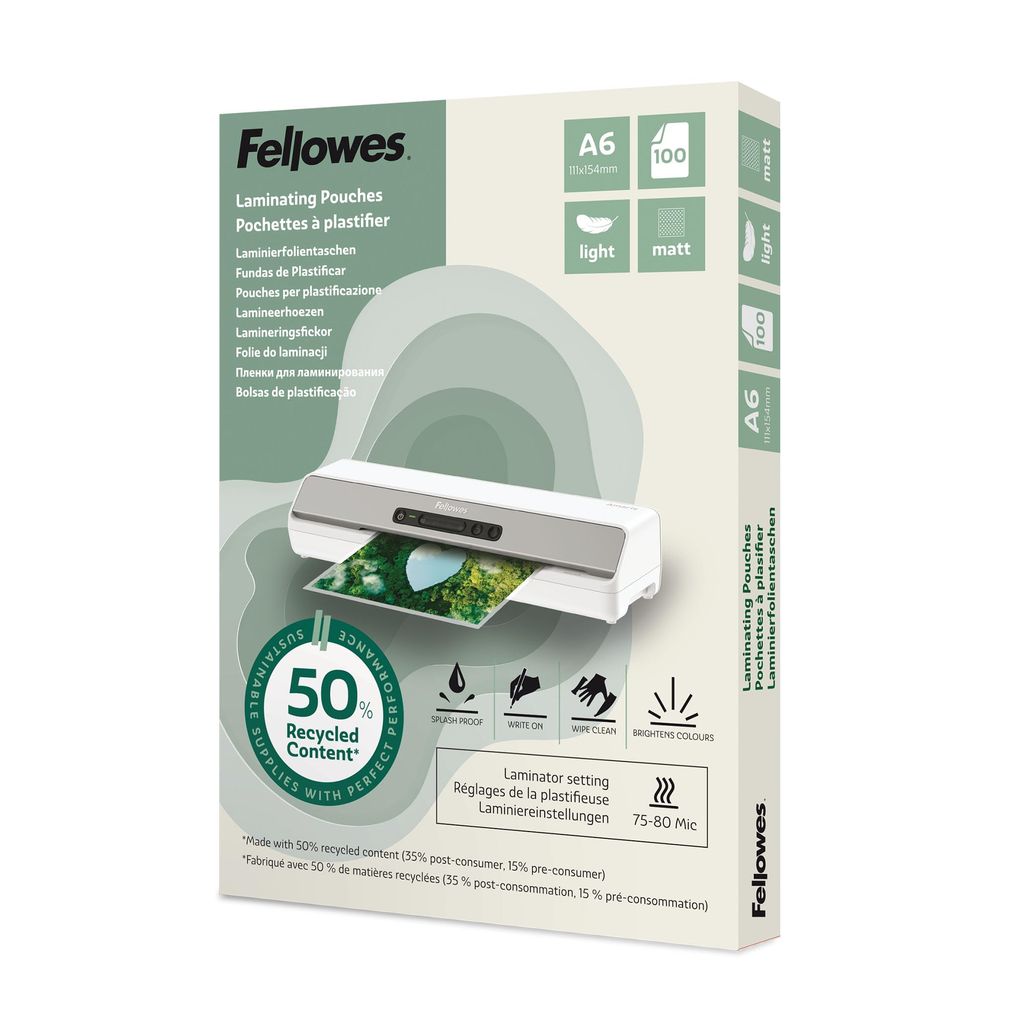 Fellowes A6 Laminating Pouches โ 100 Pack, Matt Finish, Light Duty 75/80 Micron, 50% Recycled Content โ Lamination for Teachers & Offices