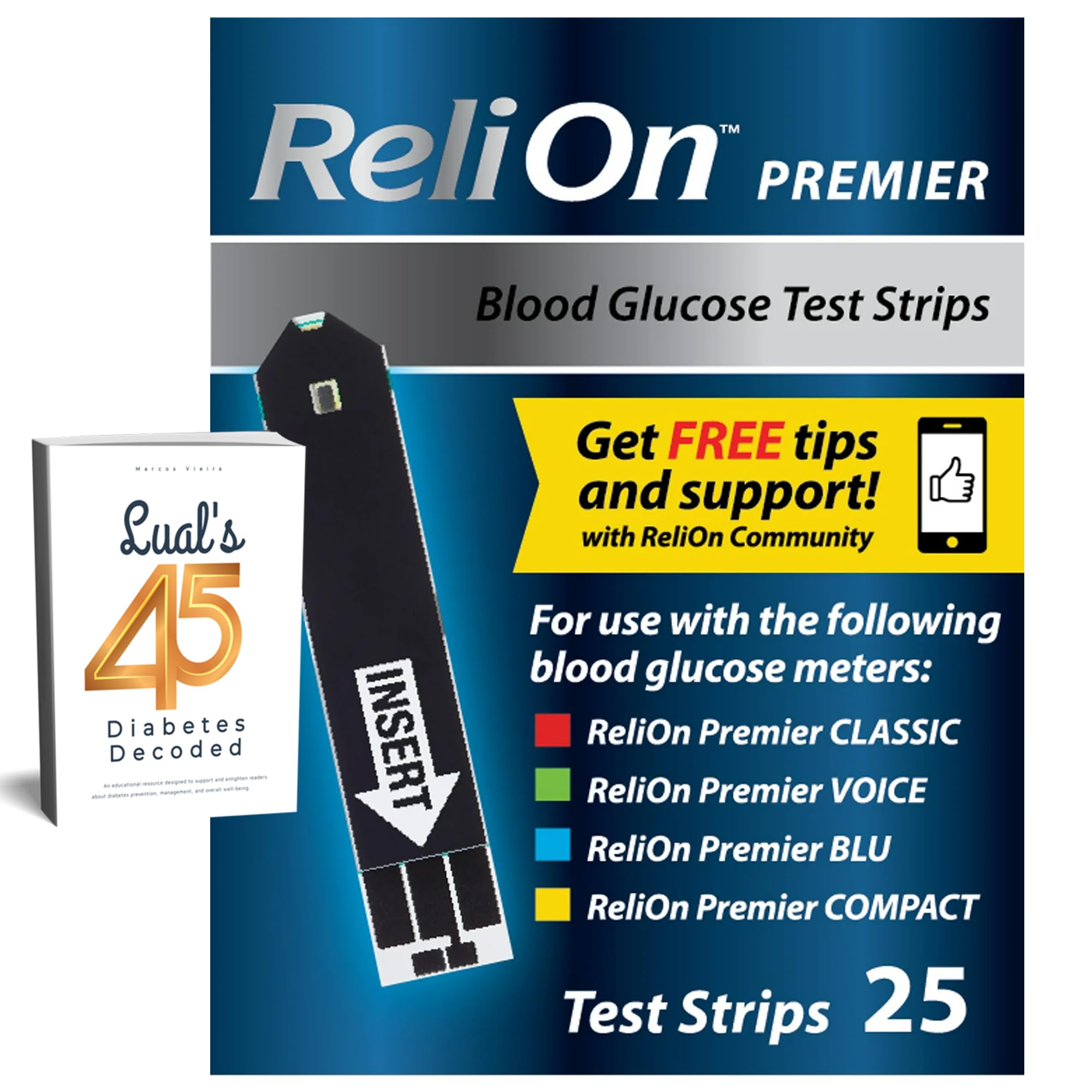 Premier Blood Glucose Test Strips 25 ct, Compatible with Premier Meters, Diabetic Test Strips | Premier Test Strips 25 Count, Bonus Diabetes Guide Included (25)