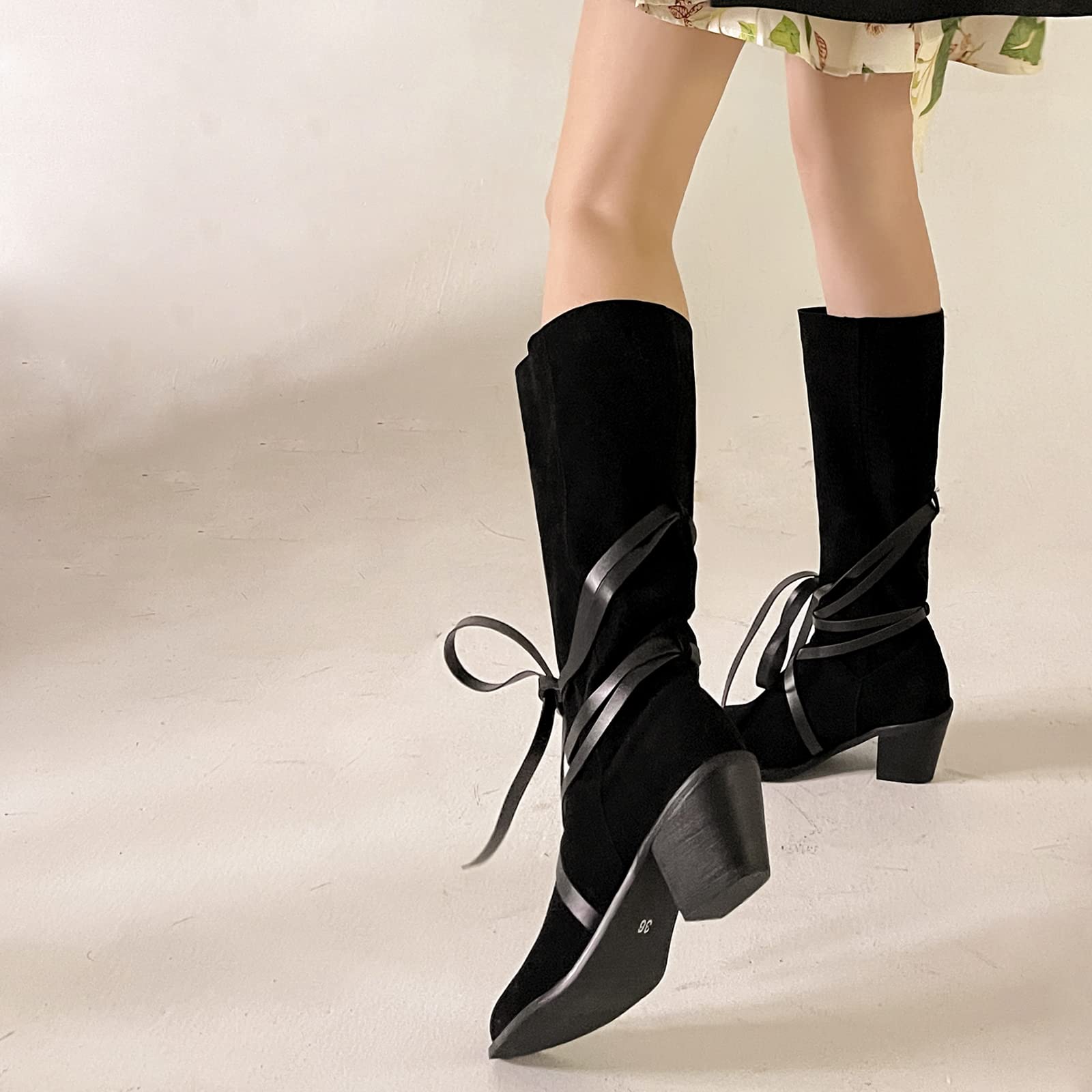 CUTEHEELS Damskie buty w stylu vintage, wsuwane na kolanach, wysokie i średnie łydki, z obcasami blokowymi i spiczastym noskiem, czarny, 42 EU