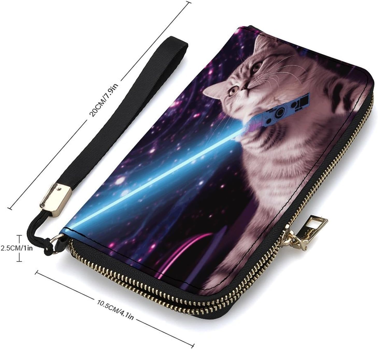 Space Laser Cat Novelty Cute Funny Purse Travel Long with Coin Pocket,Clutch Bag RFID Blocking, Zip Around, Large Capacity,Womens Wallet for Travel Work